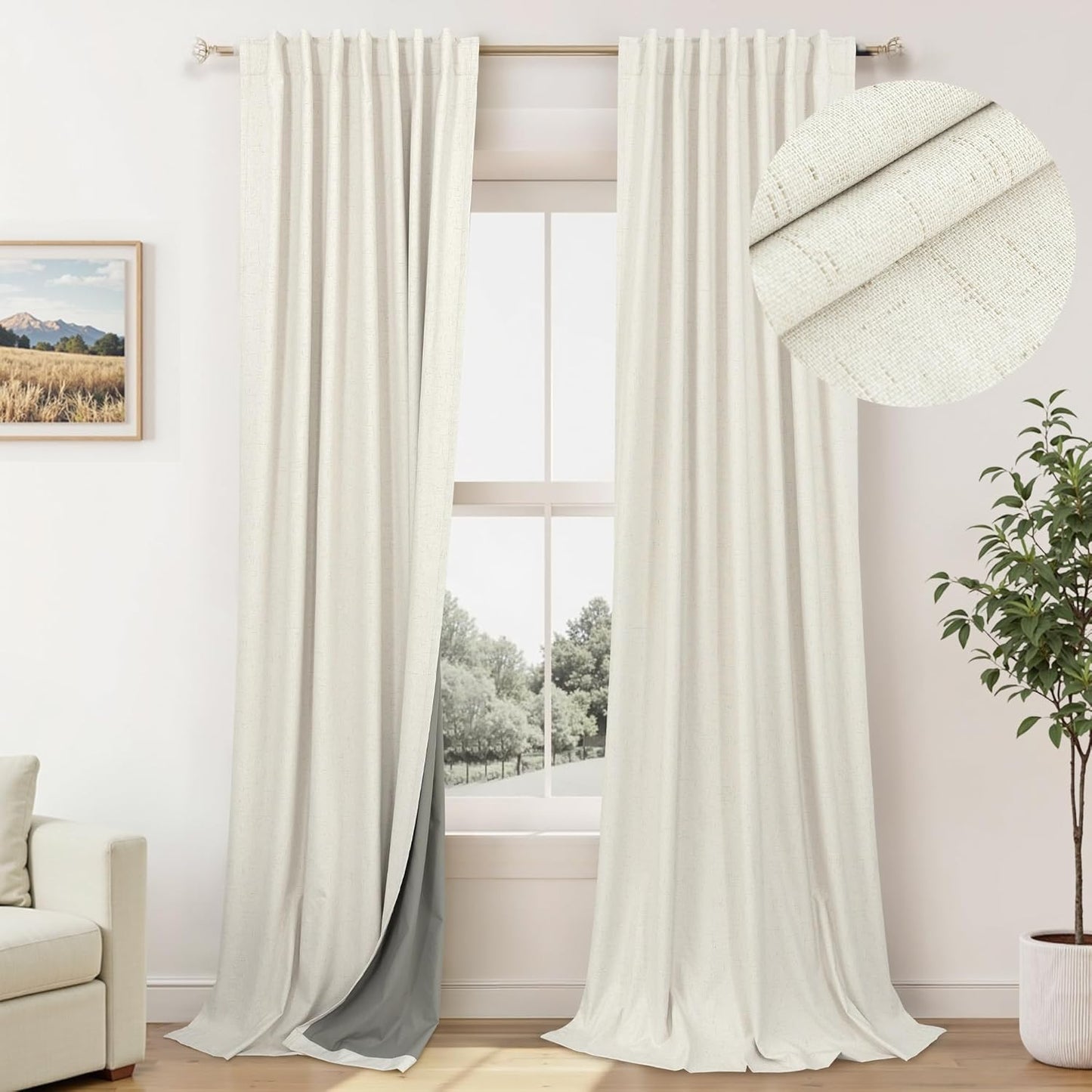 Cream Linen Black Out Curtains 70 Inches Extra Wide for Living Room 2 Panels Back Tab Pocket Pleated Ivory Blackout Bedroom for 72 Inches Window Curtain 84 Inch Long Thermal Room Darkening Heavy Drape