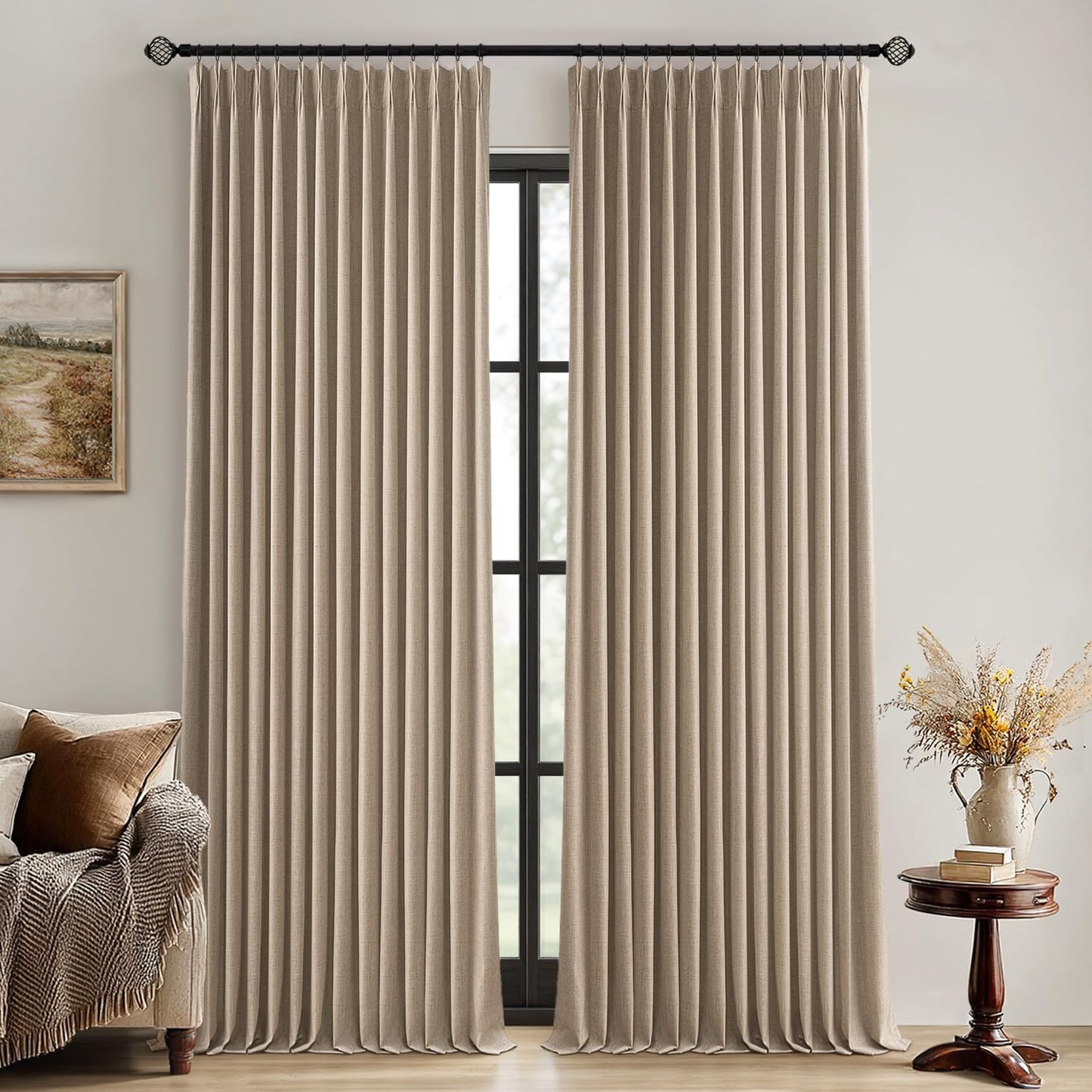 MIULEE Natural Pinch Pleated 100% Blackout Linen Curtains for Bedroom, Room Darkening Light Blocking Window Curtains 84 inches Long for Living Room, Black Out Pleat Drapes with Pin Hooks, 2 Panels