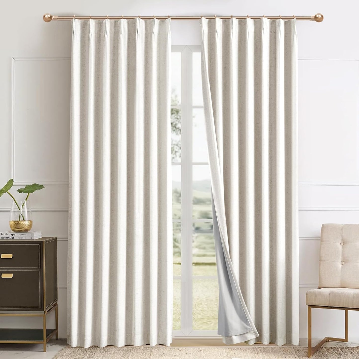 Pinch Pleated 100% Blackout Linen Curtains 95 Inches Long for Bedroom Natural Black Out Pleat Curtains for Living Dining Room Darkening Thermal Insulated Window Curtain Drapes with Pin Hooks, 2 Panels