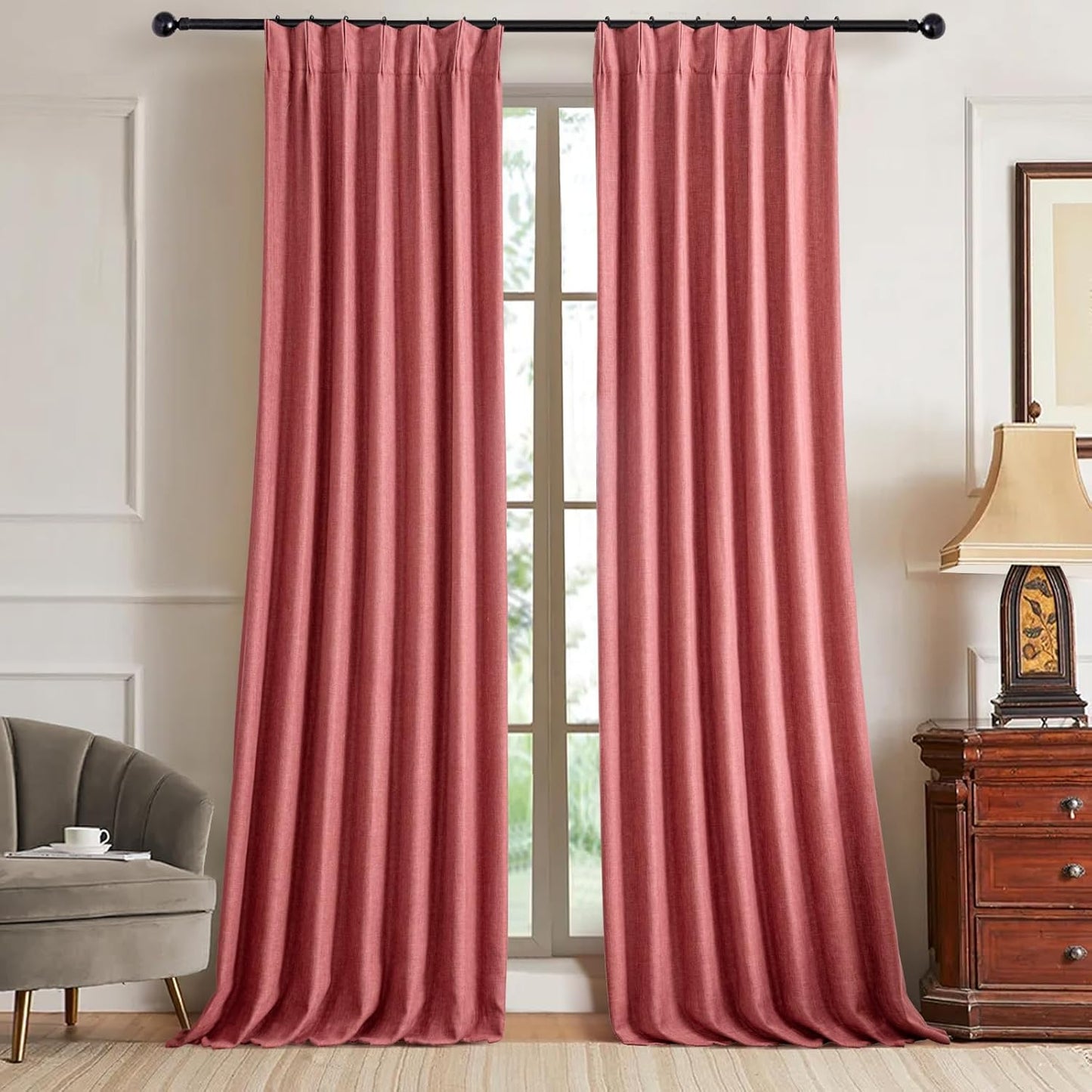 Pinch Pleated 100% Blackout Linen Curtains 95 Inches Long for Bedroom Natural Black Out Pleat Curtains for Living Dining Room Darkening Thermal Insulated Window Curtain Drapes with Pin Hooks, 2 Panels