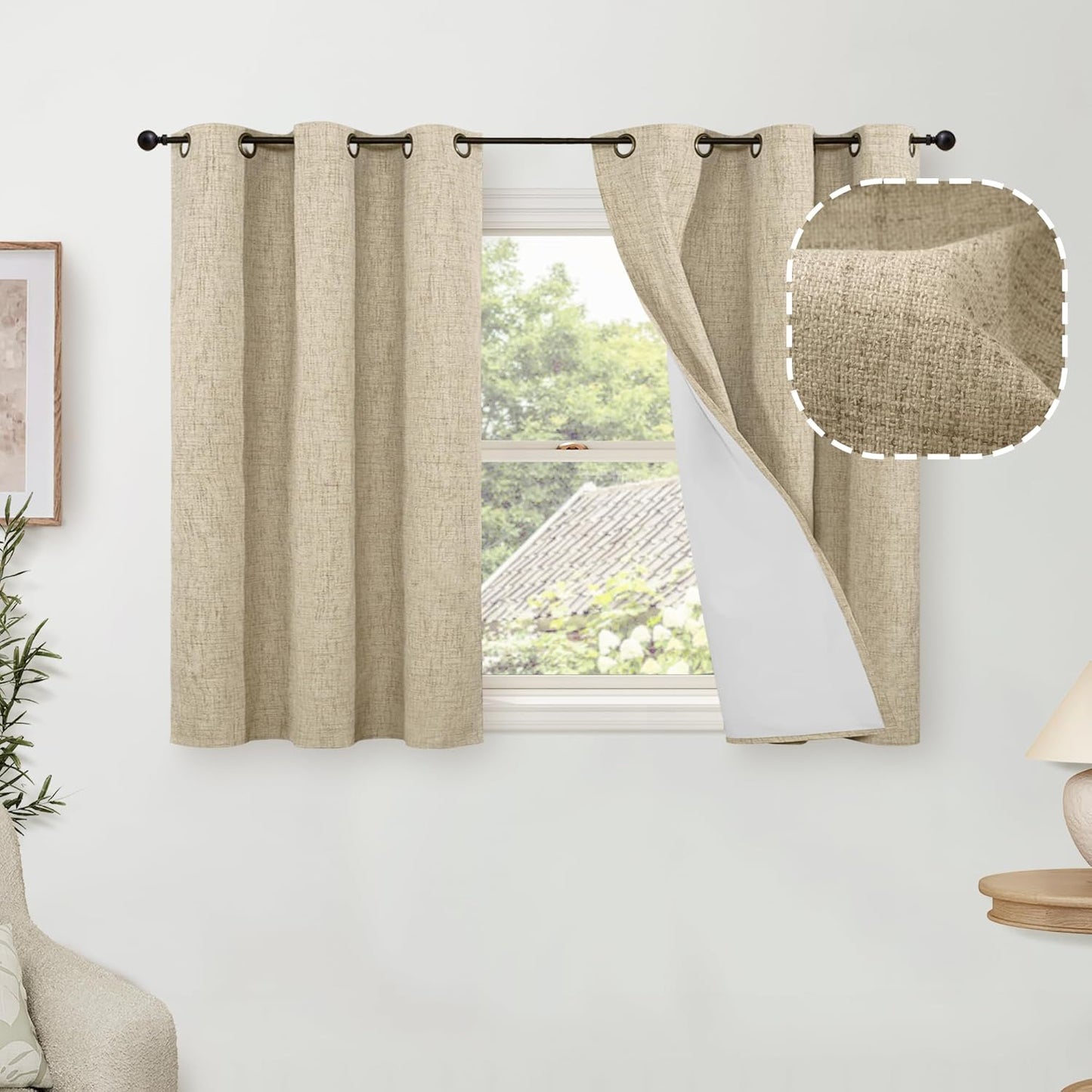 60 Inch Wide Linen Blackout Curtains for Living Room/Bedroom 84 Inch Length 2 Panels, Total Black Out Thermal Insulated Soundproof Grommet Boho Window Drapes White Liner for Modern Farmhouse, Natural