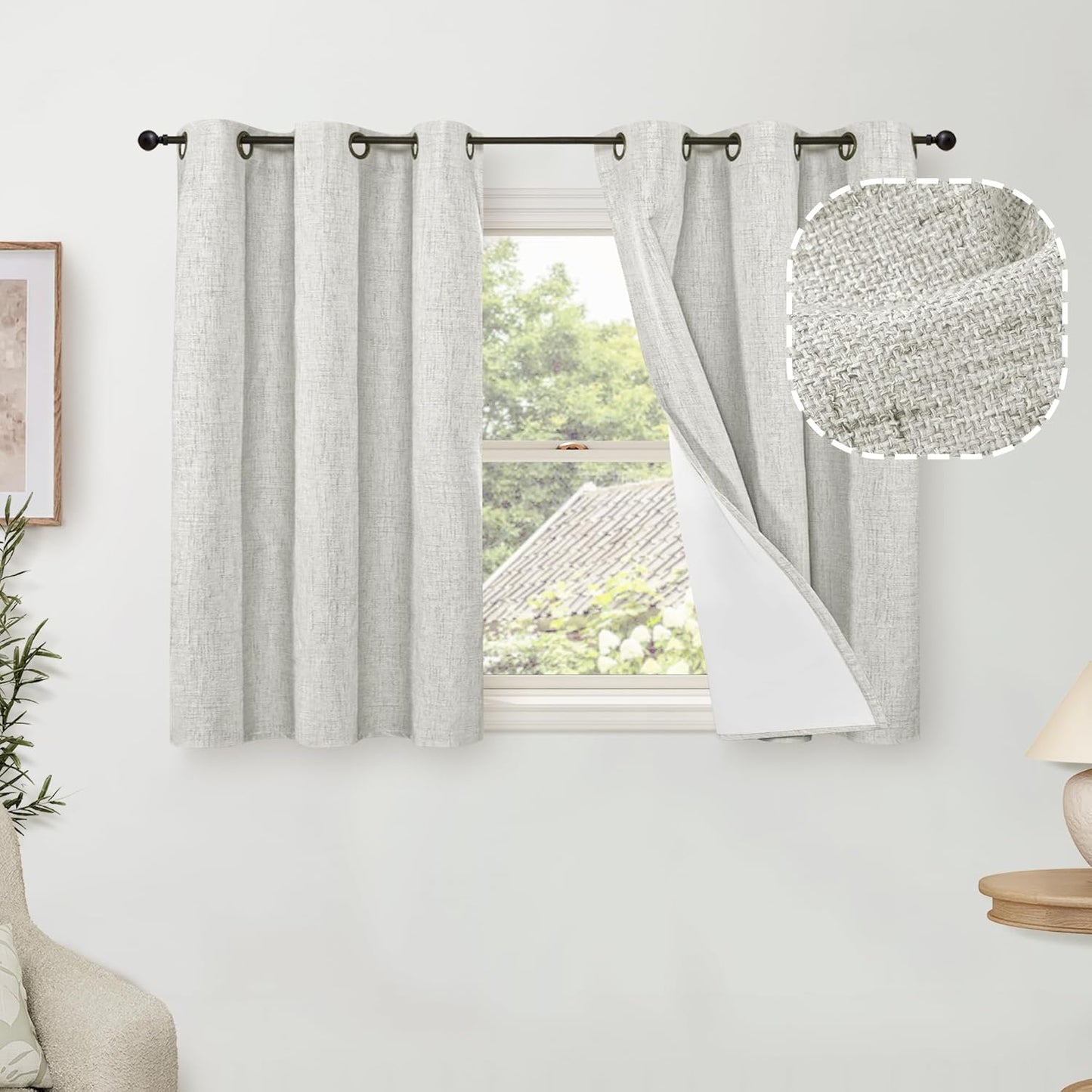60 Inch Wide Linen Blackout Curtains for Living Room/Bedroom 84 Inch Length 2 Panels, Total Black Out Thermal Insulated Soundproof Grommet Boho Window Drapes White Liner for Modern Farmhouse, Natural