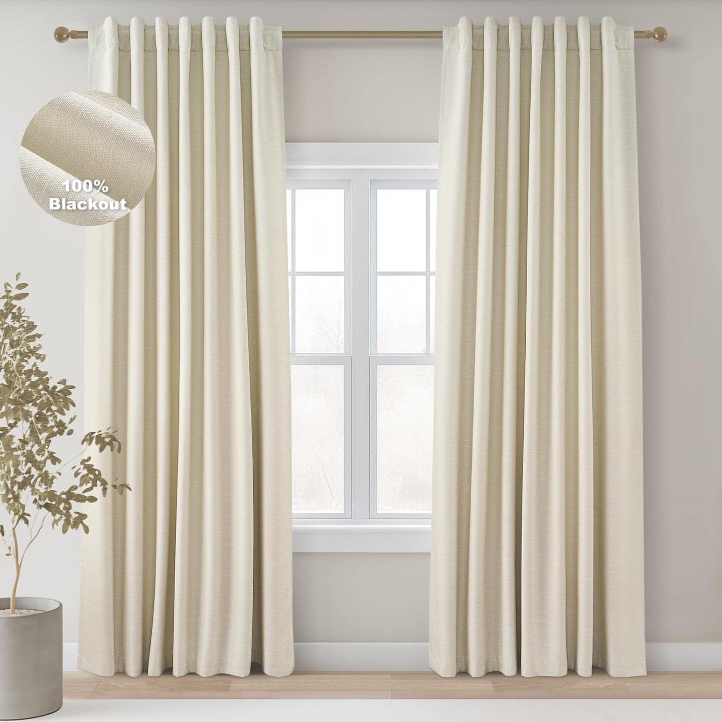Topfinel Linen Blackout Curtains 96 Inch Long, Light Blocking Rustic Neutral Thermal Insulated Brown Natural Linen Cabin Back Tab Viral Drapery Drapes with Hooks Rings 2 Panel Sets, Brown Tan 8 FT