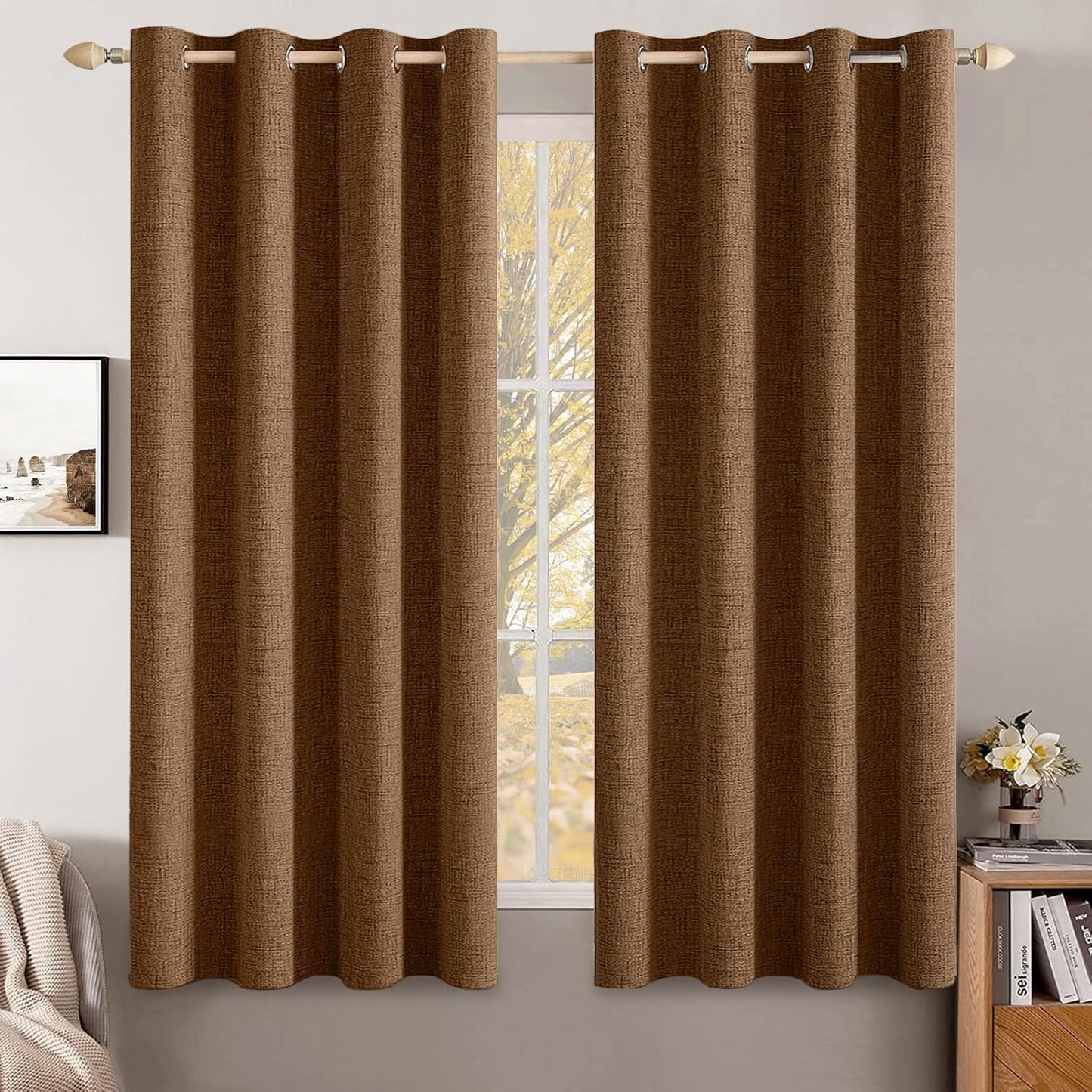 MIULEE 100% Blackout Linen Textured Curtains for Bedroom Solid Thermal Insulated Natural Beige Grommet Room Darkening Curtains & Drapes Luxury Decor for Living Room Nursery 62 x 96 Inch (2 Panels)
