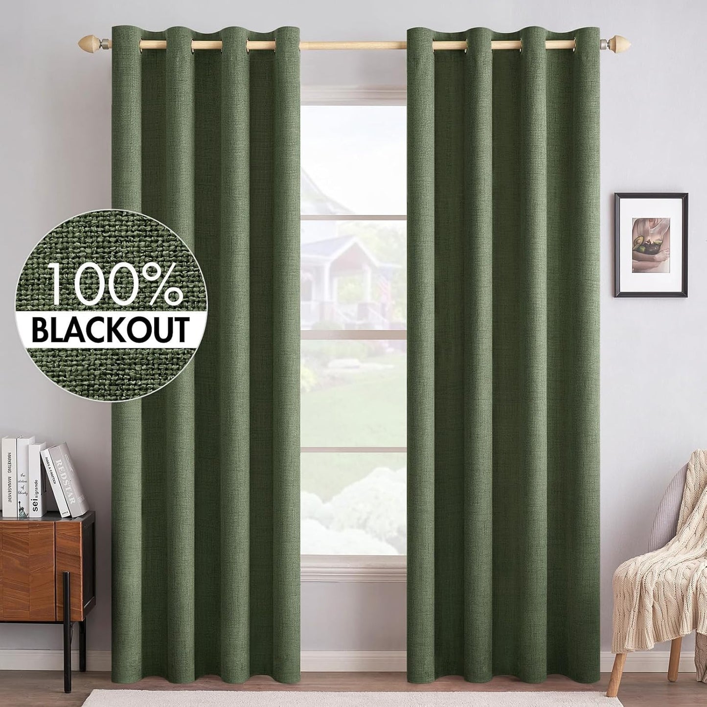 MIULEE 100% Blackout Linen Textured Curtains for Bedroom Solid Thermal Insulated Natural Beige Grommet Room Darkening Curtains & Drapes Luxury Decor for Living Room Nursery 62 x 96 Inch (2 Panels)