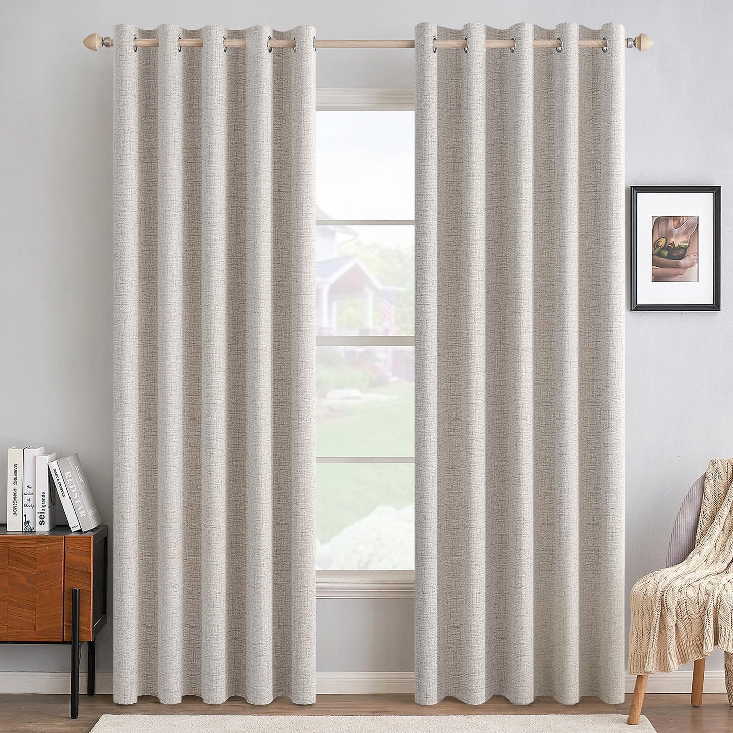 MIULEE 100% Blackout Linen Textured Curtains for Bedroom Solid Thermal Insulated Natural Beige Grommet Room Darkening Curtains & Drapes Luxury Decor for Living Room Nursery 62 x 96 Inch (2 Panels)