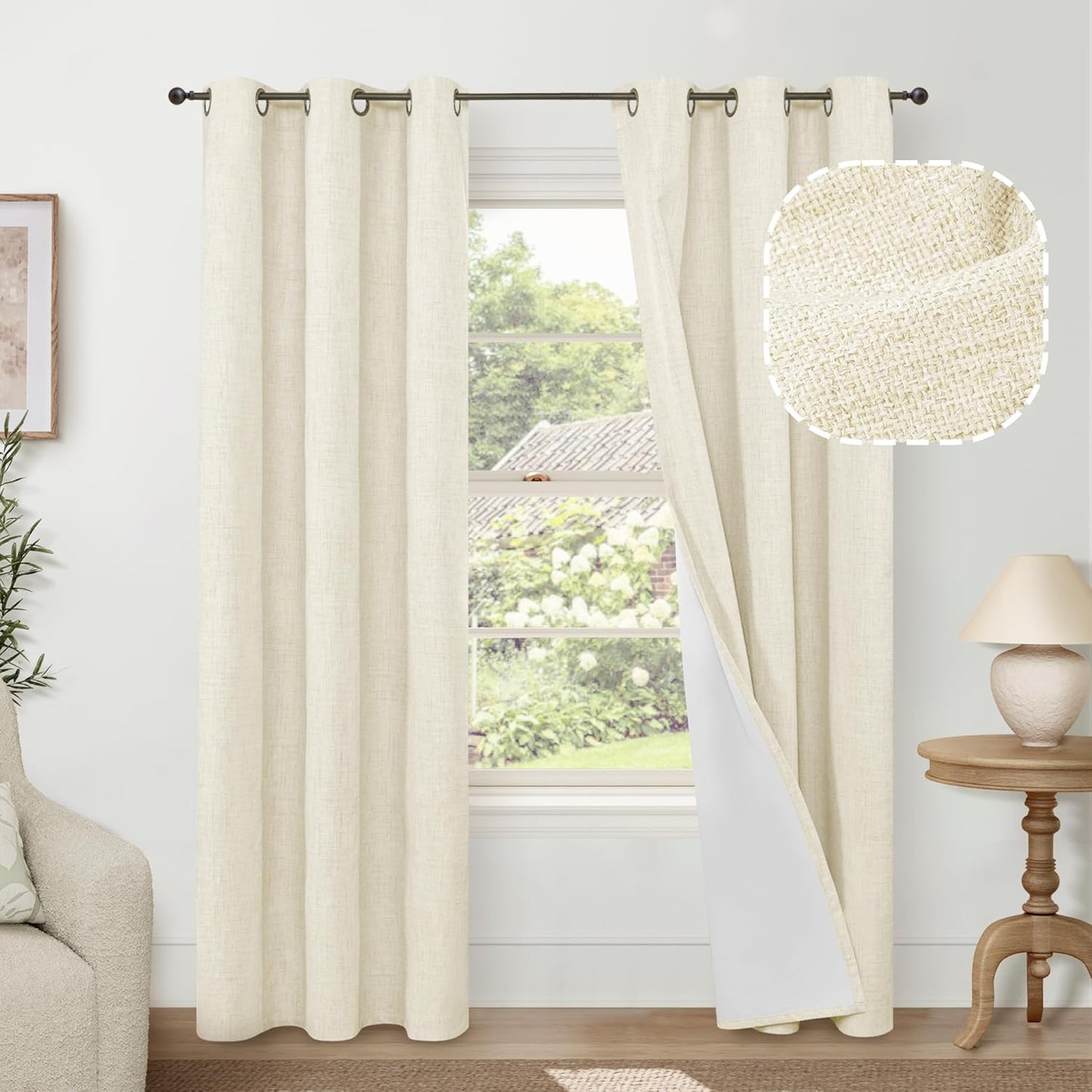 60 Inch Wide Linen Blackout Curtains for Living Room/Bedroom 84 Inch Length 2 Panels, Total Black Out Thermal Insulated Soundproof Grommet Boho Window Drapes White Liner for Modern Farmhouse, Natural
