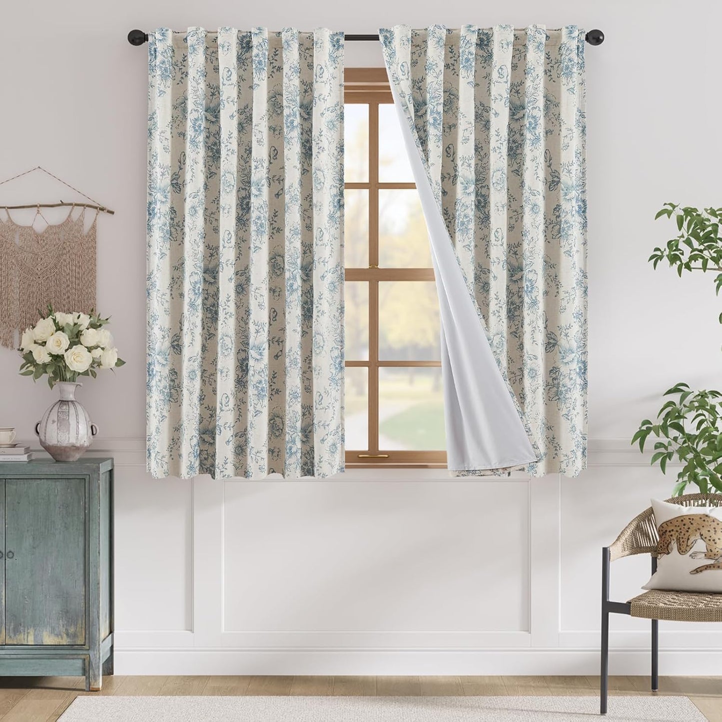 jinchan Blackout Linen Blend Curtain Floral Blackout Curtains for Living Room 84 Inch Length Black Printed with Lined Blackout Curtain for Bedroom Farmhouse Curtains Set 2 Panels