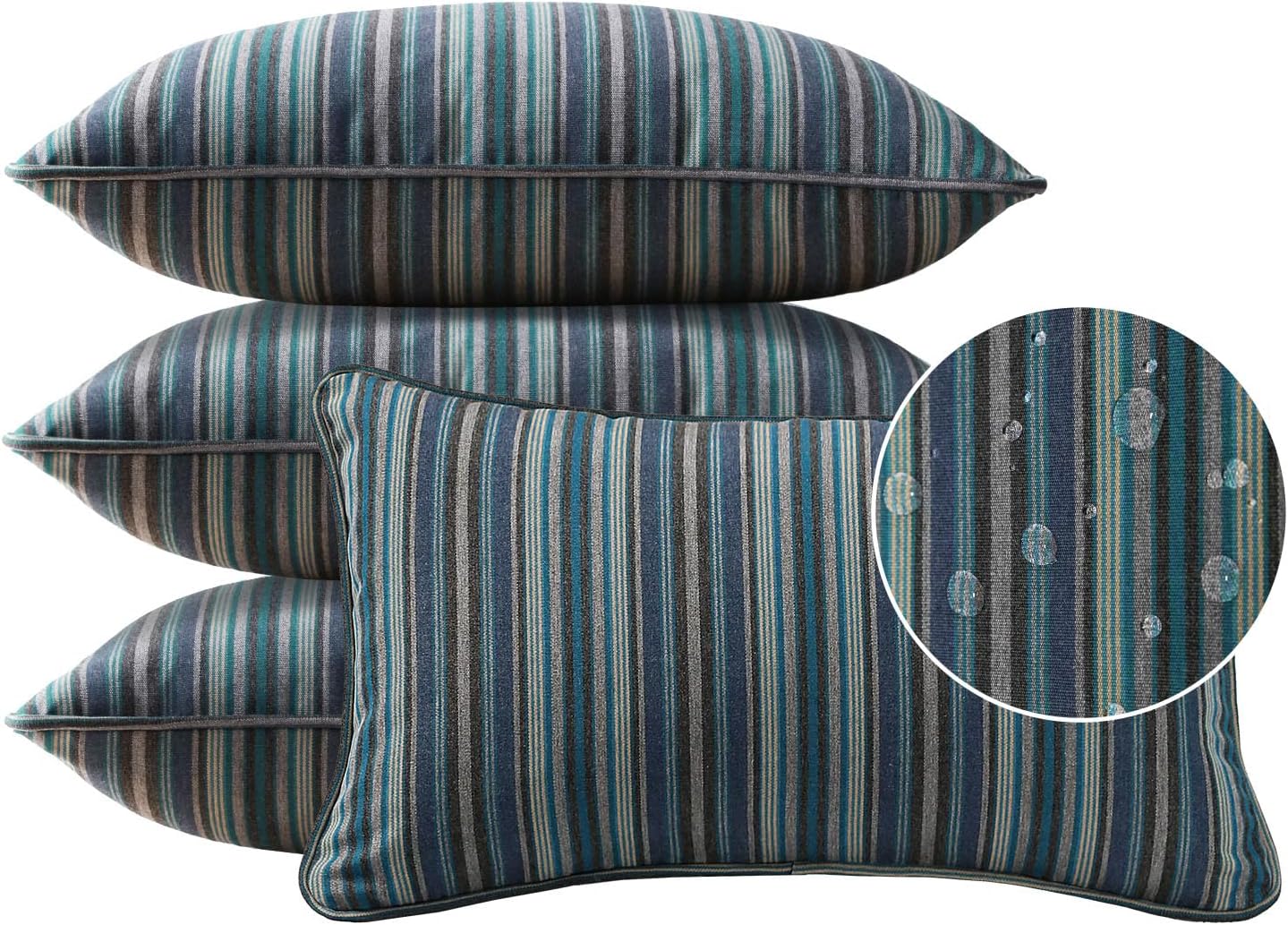 Decorative Outdoor Water Repellent Throw Pillows with Inserts, Set of 4, 18" x18" Pillows for Patio, Backyard, Bed, Couch, and Patio Furniture, Turquoise Stripe