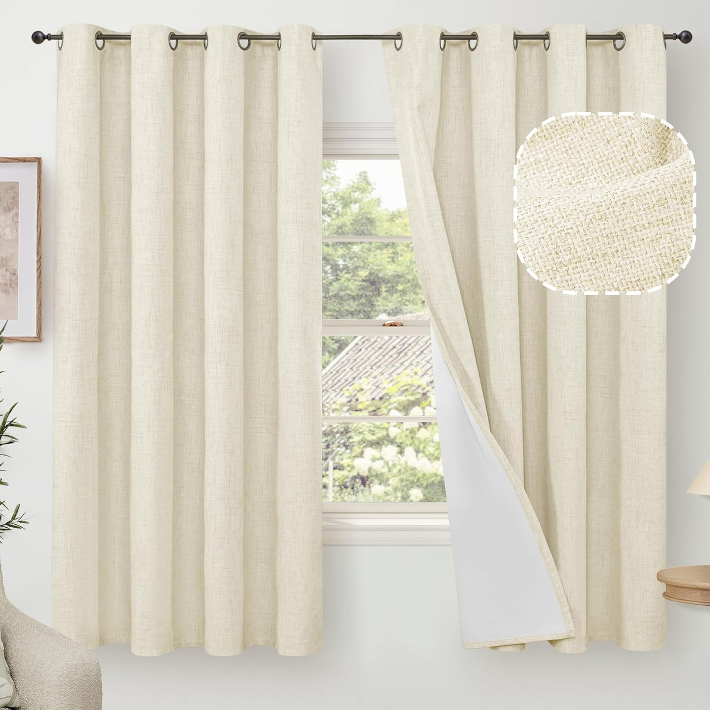 60 Inch Wide Linen Blackout Curtains for Living Room/Bedroom 84 Inch Length 2 Panels, Total Black Out Thermal Insulated Soundproof Grommet Boho Window Drapes White Liner for Modern Farmhouse, Natural