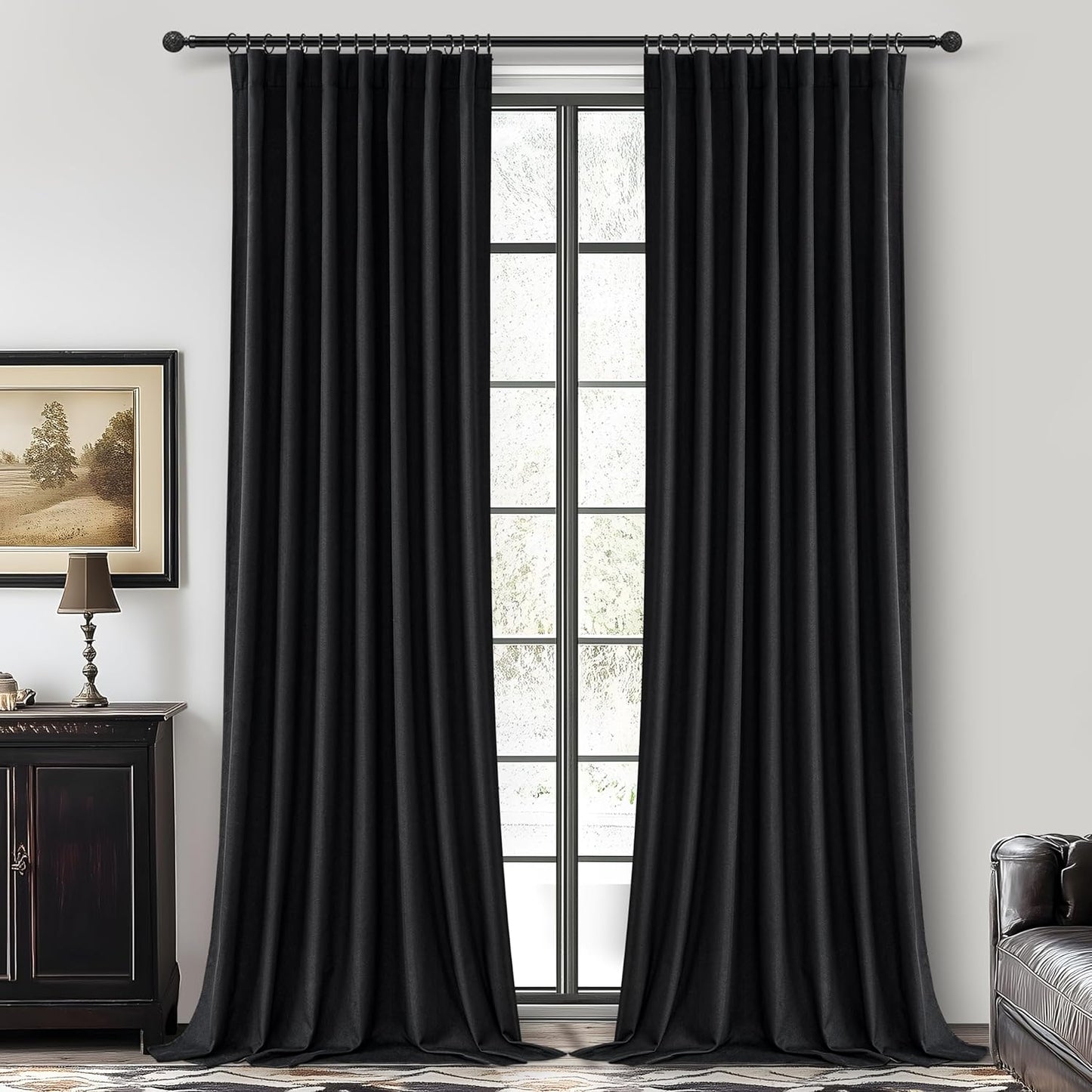 Natural Linen Blackout 92 Inch Bedroom Curtains 2 Panel Sets, Rustic Boho Cream Pleated Ceiling Track Curtain for Dining Room Heat Blocking Privacy Heavy Drape 92 Inches Long Oatmeal Back Tab