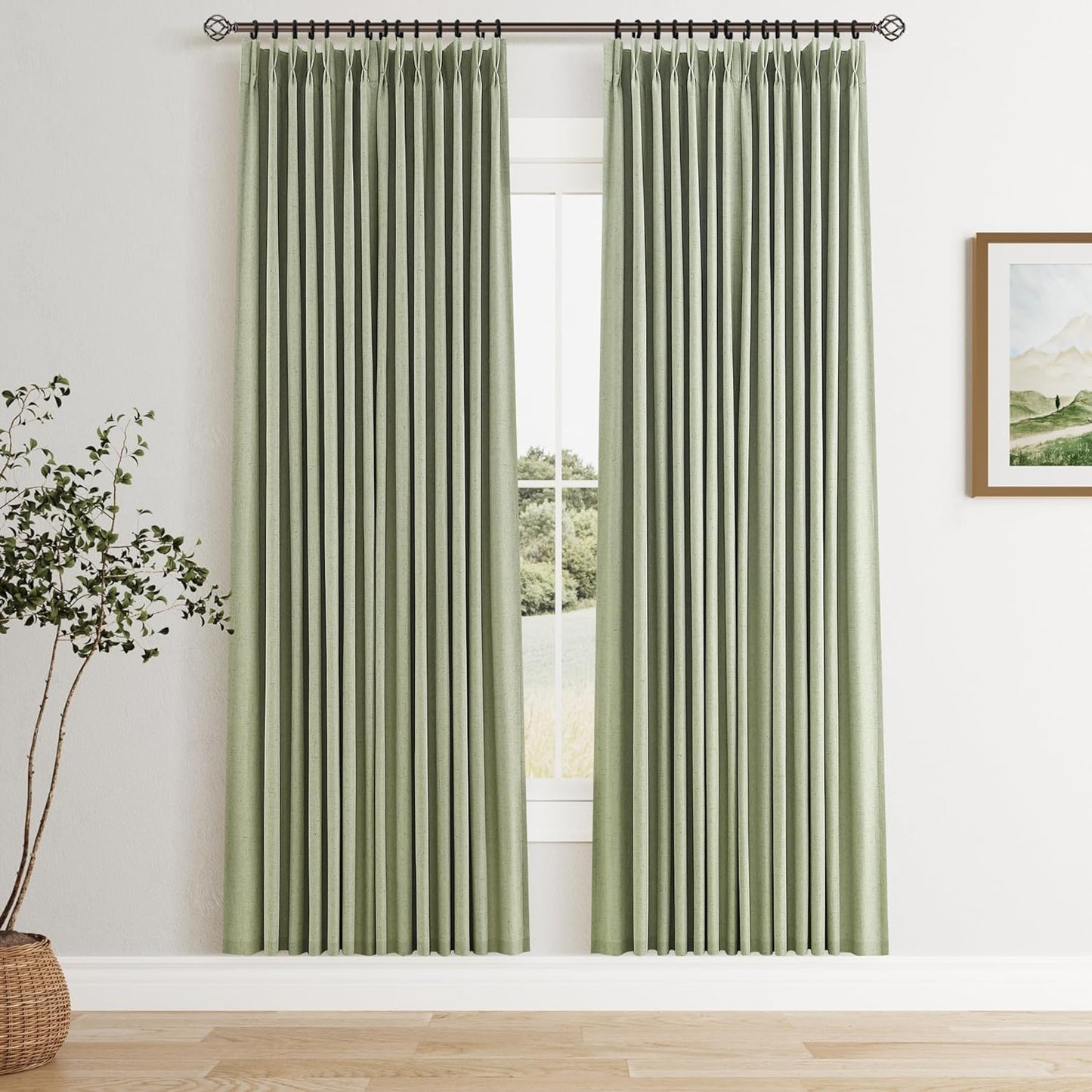 100% Blackout Pinch Pleated Curtains Linen 90 Inches Long for Bedroom 2 Panels Set Full Black Out Thermal Insulated Curtain Natural Boho Farmhouse Pinch Pleat Double Layer Room Darkening Drapes Cream