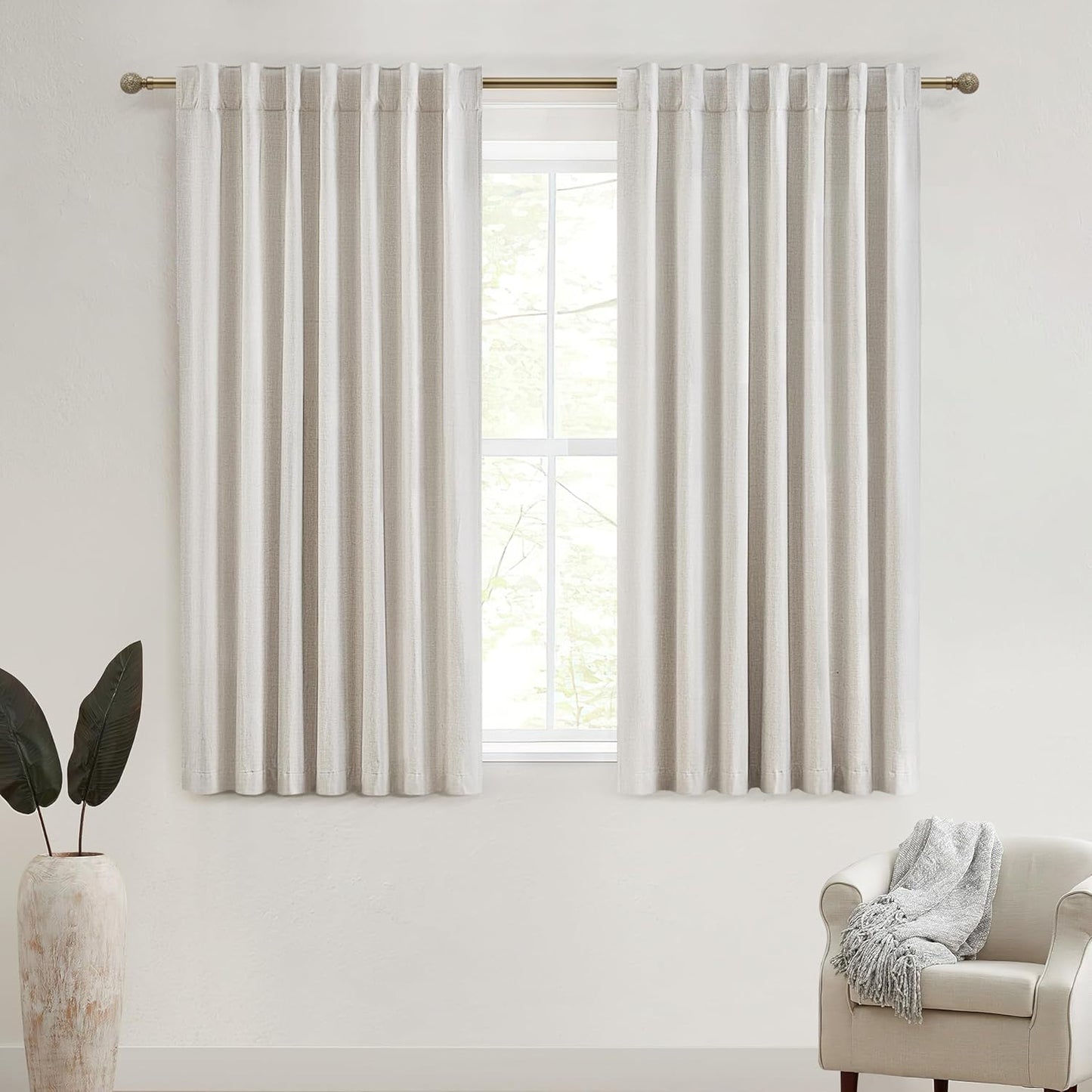 Natural Linen Blackout 92 Inch Bedroom Curtains 2 Panel Sets, Rustic Boho Cream Pleated Ceiling Track Curtain for Dining Room Heat Blocking Privacy Heavy Drape 92 Inches Long Oatmeal Back Tab