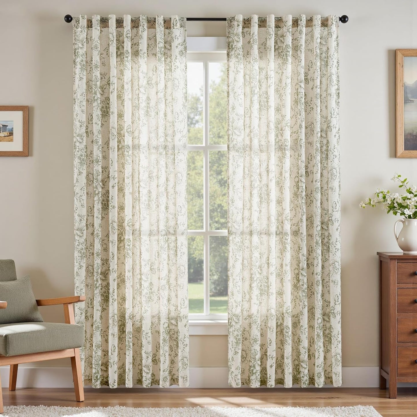 jinchan Blackout Linen Blend Curtain Floral Blackout Curtains for Living Room 84 Inch Length Black Printed with Lined Blackout Curtain for Bedroom Farmhouse Curtains Set 2 Panels