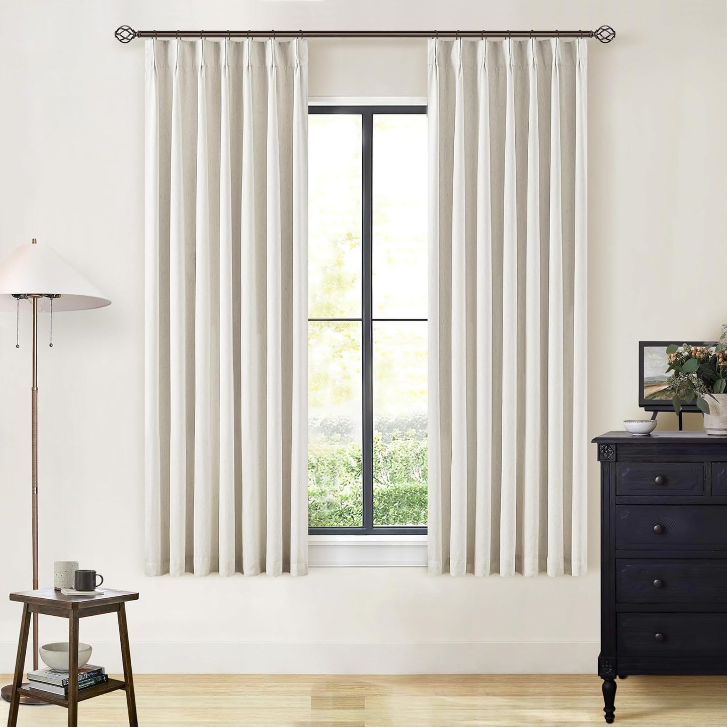 102 Inches Long Pinch Pleated Linen Blackout Curtains for Bedroom Back Tab Track Memory Trained Shape Farmhouse Light Blocking Curtains 102 Inch Length for Living Dining Room Darkening Drapes Cream
