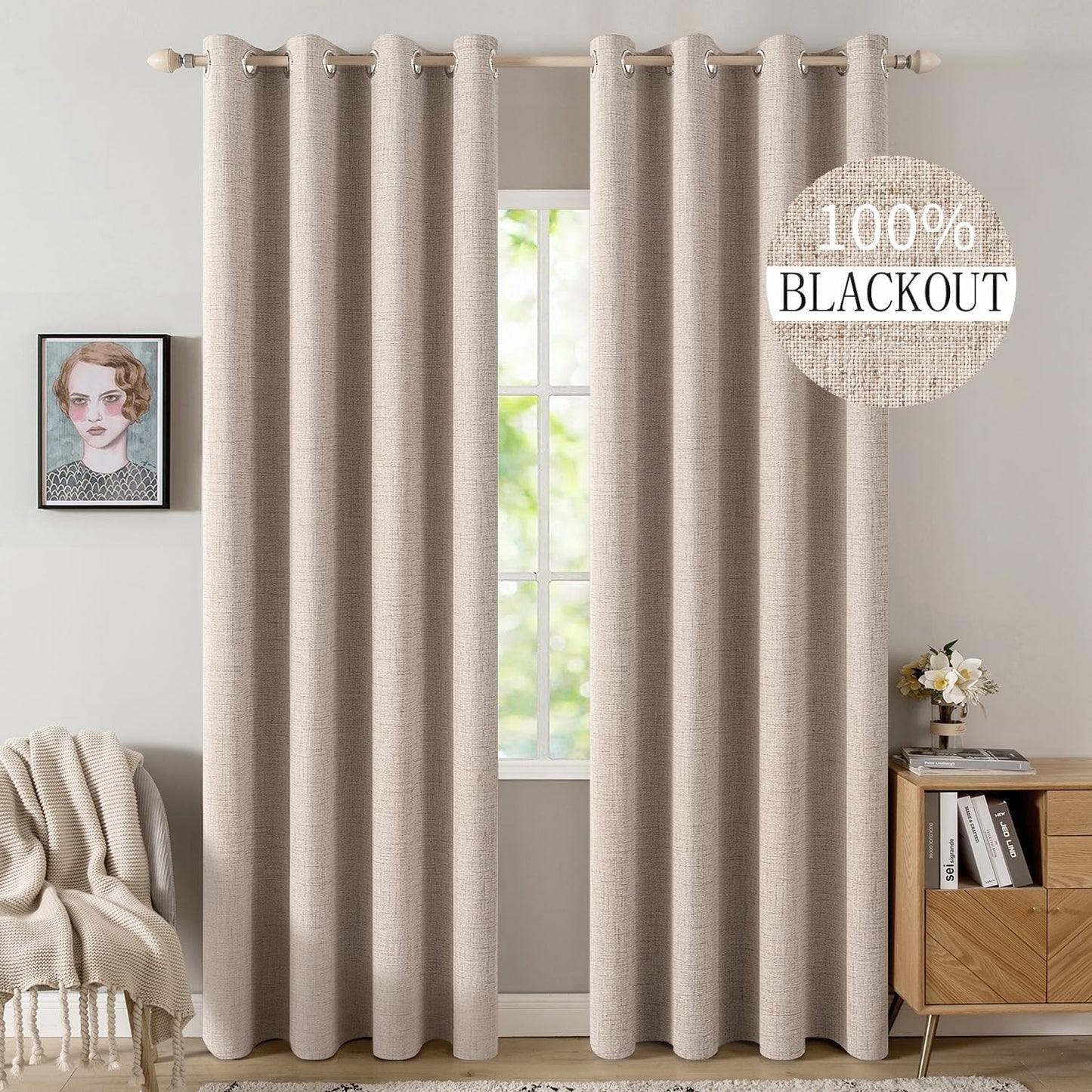 MIULEE 100% Blackout Linen Textured Curtains for Bedroom Solid Thermal Insulated Natural Beige Grommet Room Darkening Curtains & Drapes Luxury Decor for Living Room Nursery 62 x 96 Inch (2 Panels)