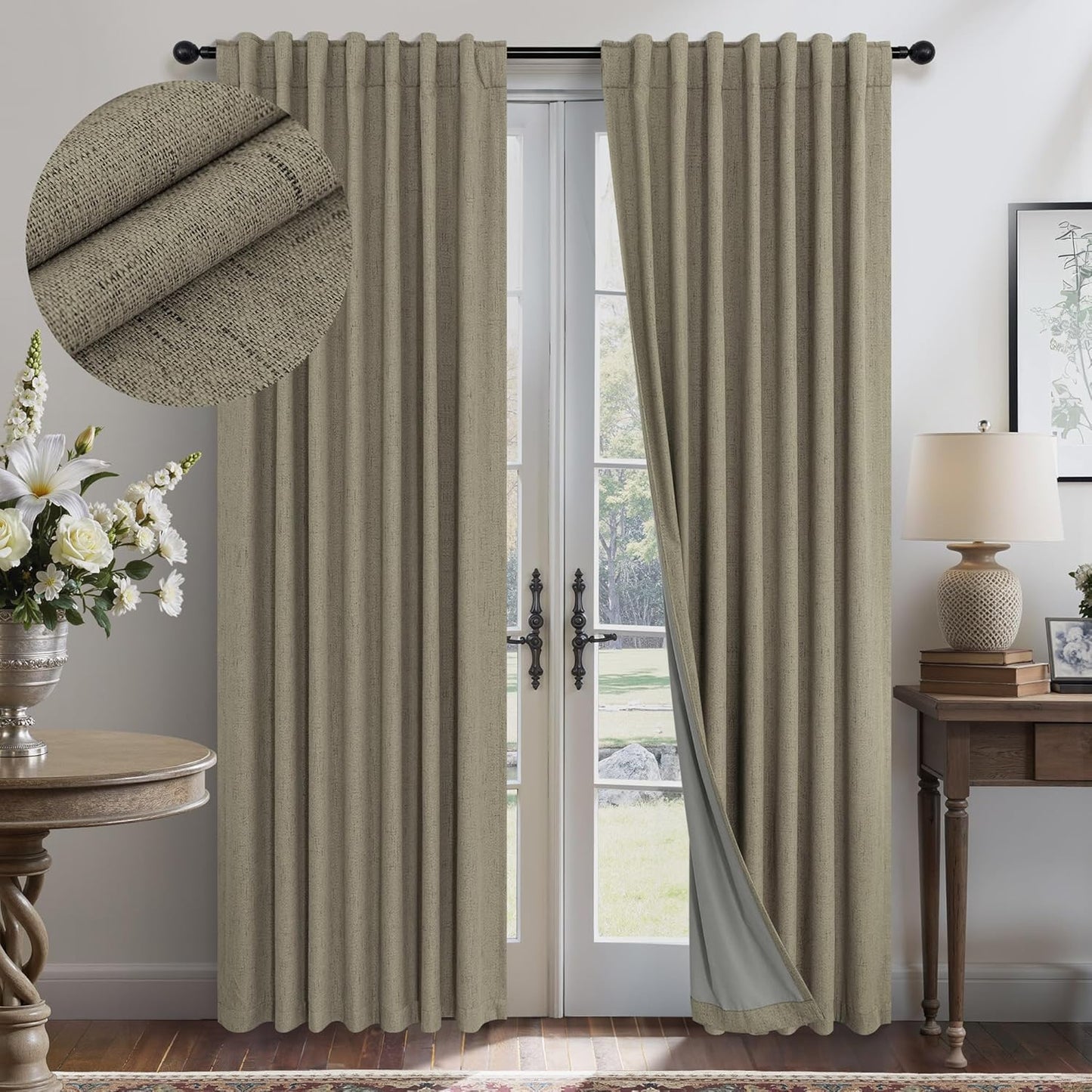 Cream Linen Black Out Curtains 70 Inches Extra Wide for Living Room 2 Panels Back Tab Pocket Pleated Ivory Blackout Bedroom for 72 Inches Window Curtain 84 Inch Long Thermal Room Darkening Heavy Drape