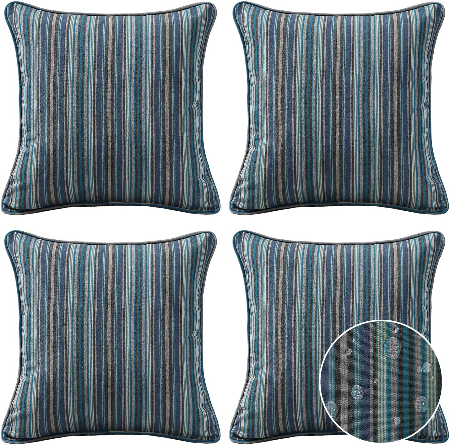 Decorative Outdoor Water Repellent Throw Pillows with Inserts, Set of 4, 18" x18" Pillows for Patio, Backyard, Bed, Couch, and Patio Furniture, Turquoise Stripe