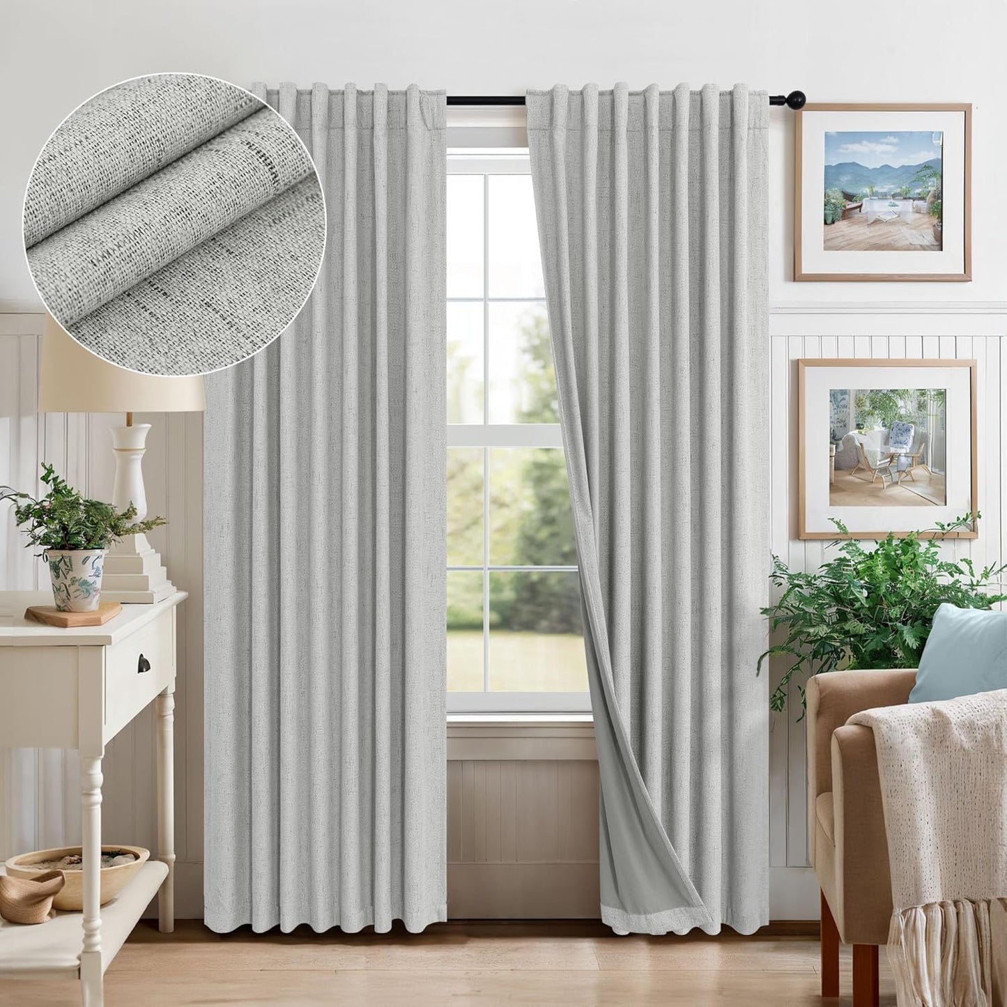 Cream Linen Black Out Curtains 70 Inches Extra Wide for Living Room 2 Panels Back Tab Pocket Pleated Ivory Blackout Bedroom for 72 Inches Window Curtain 84 Inch Long Thermal Room Darkening Heavy Drape