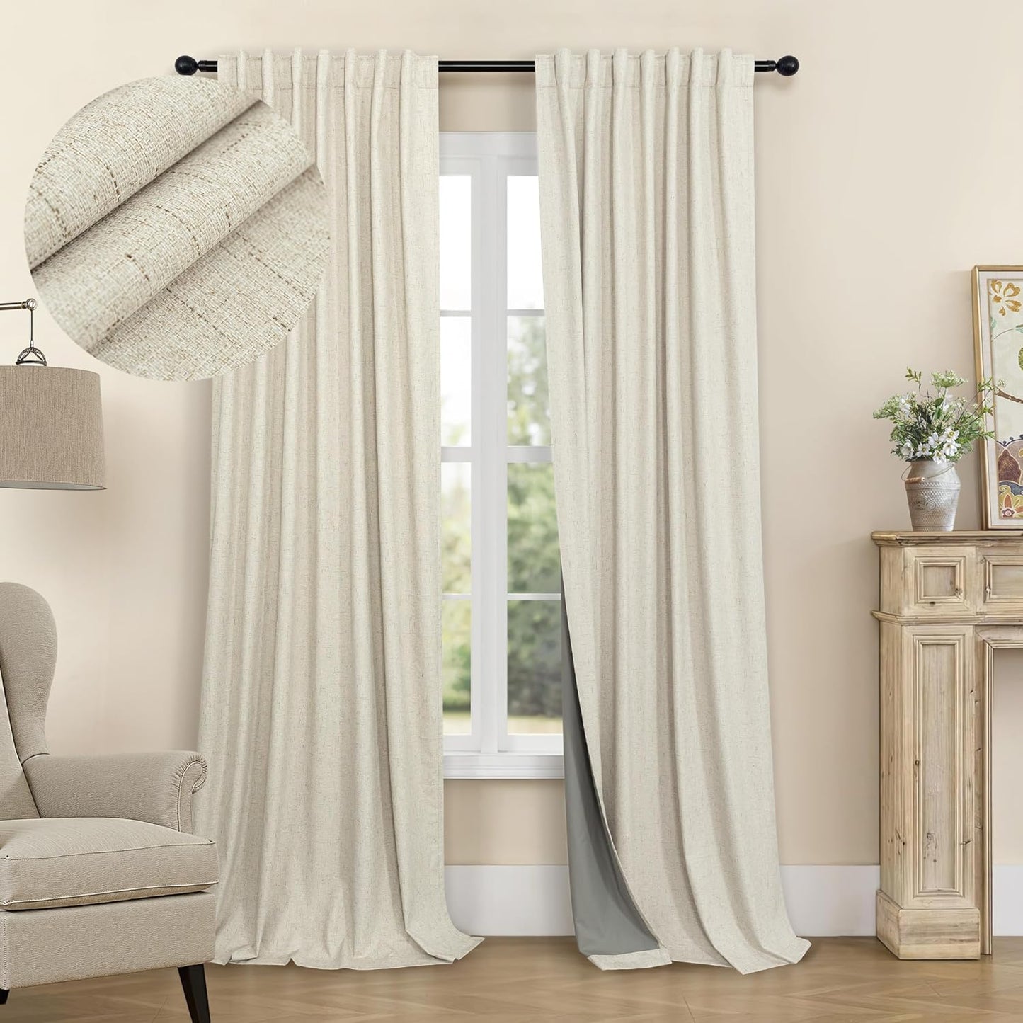 Cream Linen Black Out Curtains 70 Inches Extra Wide for Living Room 2 Panels Back Tab Pocket Pleated Ivory Blackout Bedroom for 72 Inches Window Curtain 84 Inch Long Thermal Room Darkening Heavy Drape
