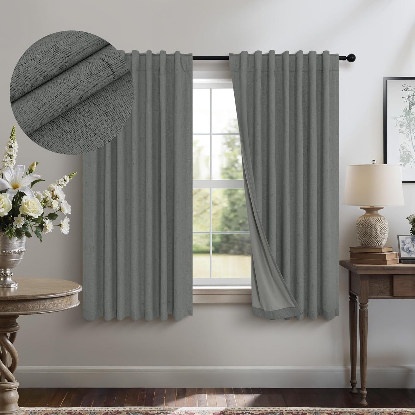 Cream Linen Black Out Curtains 70 Inches Extra Wide for Living Room 2 Panels Back Tab Pocket Pleated Ivory Blackout Bedroom for 72 Inches Window Curtain 84 Inch Long Thermal Room Darkening Heavy Drape