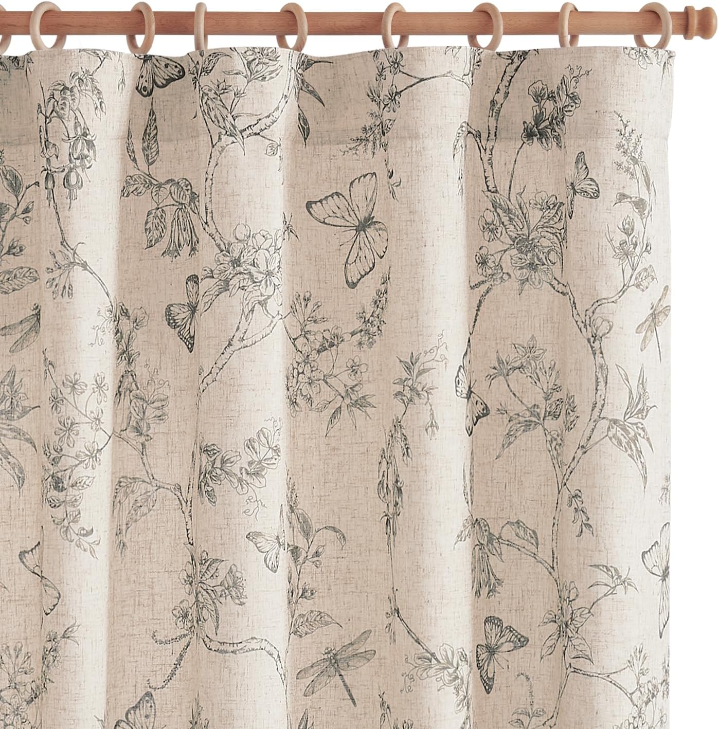 jinchan Blackout Linen Blend Curtain Floral Blackout Curtains for Living Room 84 Inch Length Black Printed with Lined Blackout Curtain for Bedroom Farmhouse Curtains Set 2 Panels