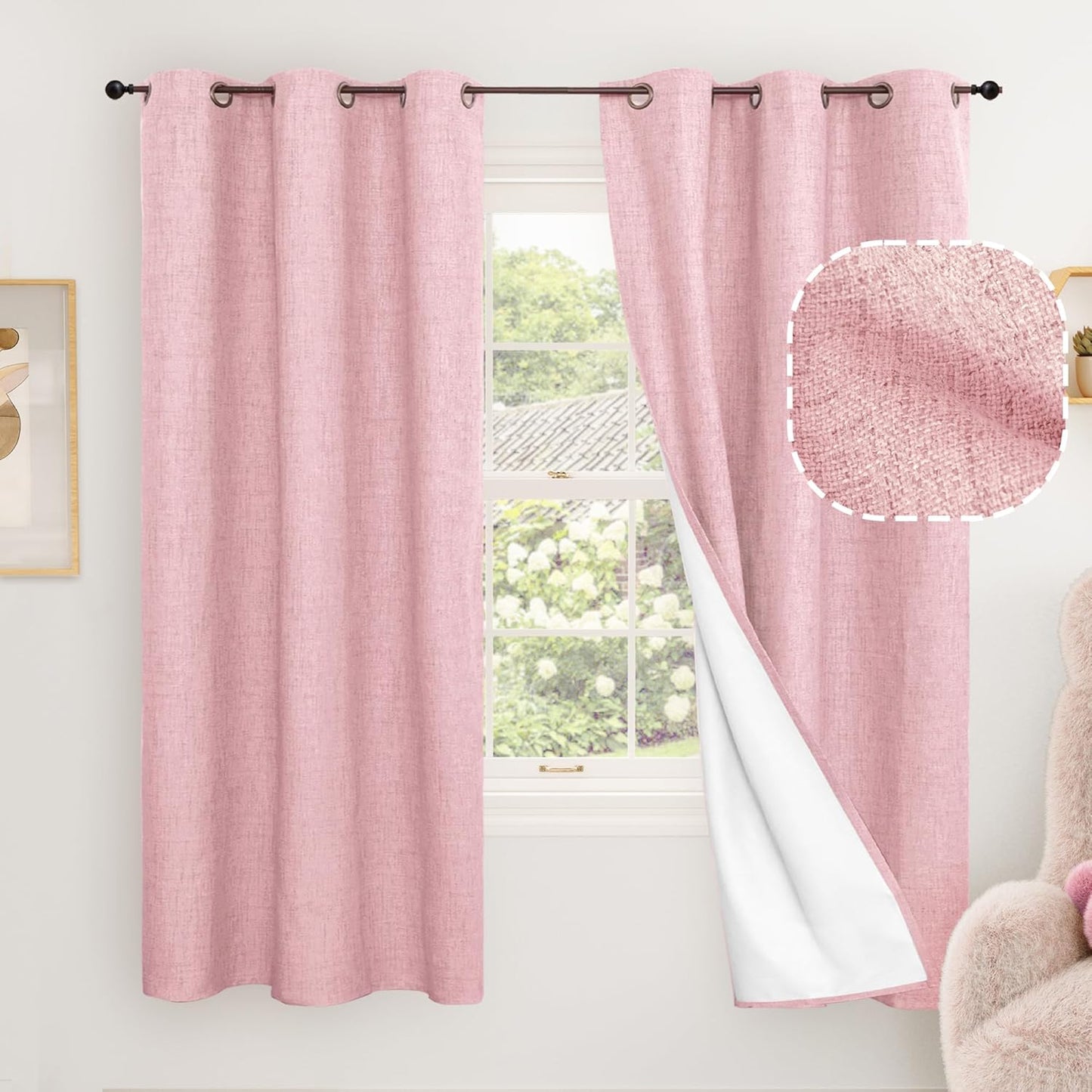 60 Inch Wide Linen Blackout Curtains for Living Room/Bedroom 84 Inch Length 2 Panels, Total Black Out Thermal Insulated Soundproof Grommet Boho Window Drapes White Liner for Modern Farmhouse, Natural