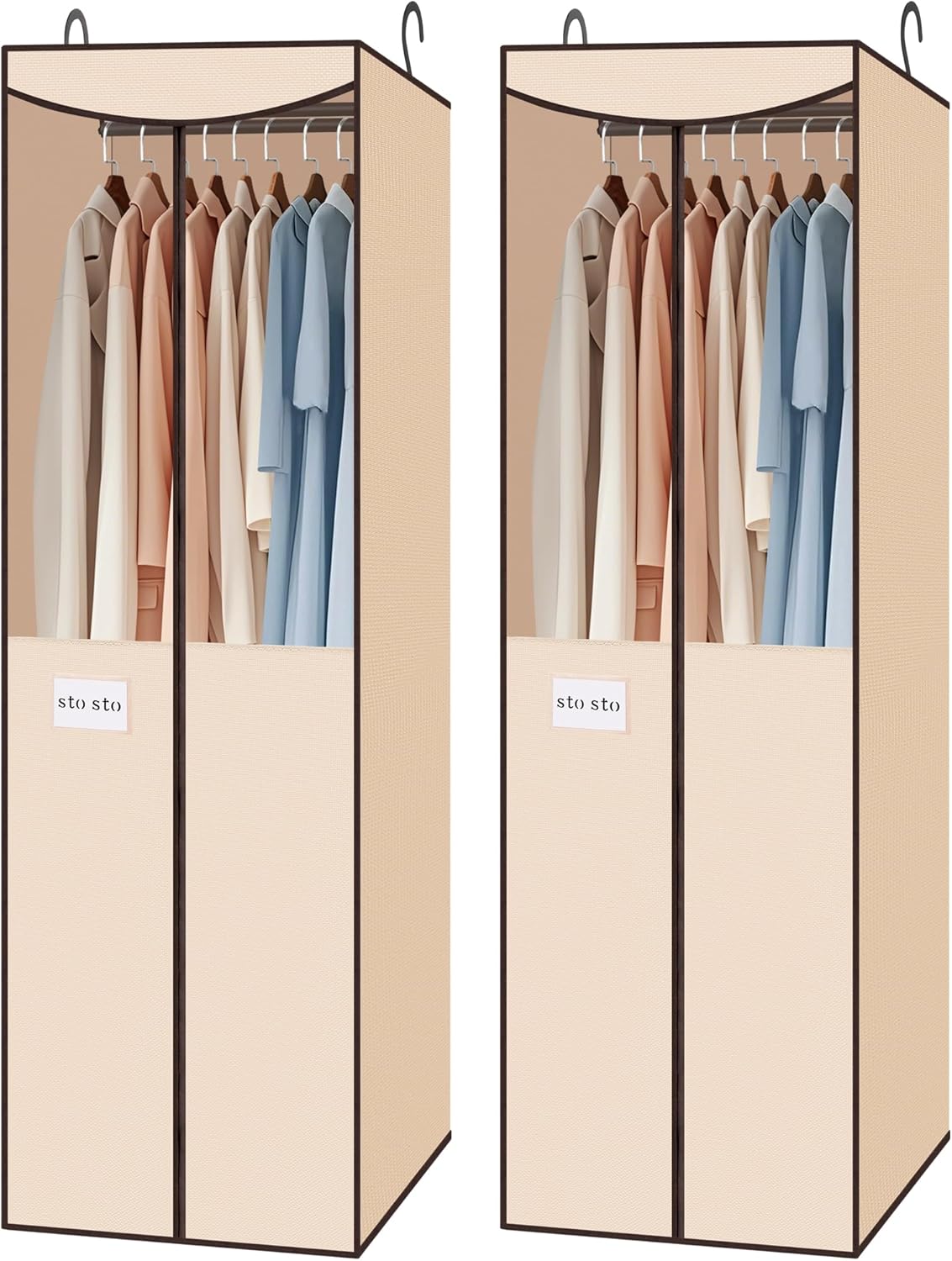 STO STO 2 Pack Garment Bag for Hanging Clothes Closet, Hanging Garment Cover with Built-in Steel Hanging Rod, Hanging Wardrobe Storage Bag for Suit, Dress with Clear Window, Zipper, ID Window, Gray