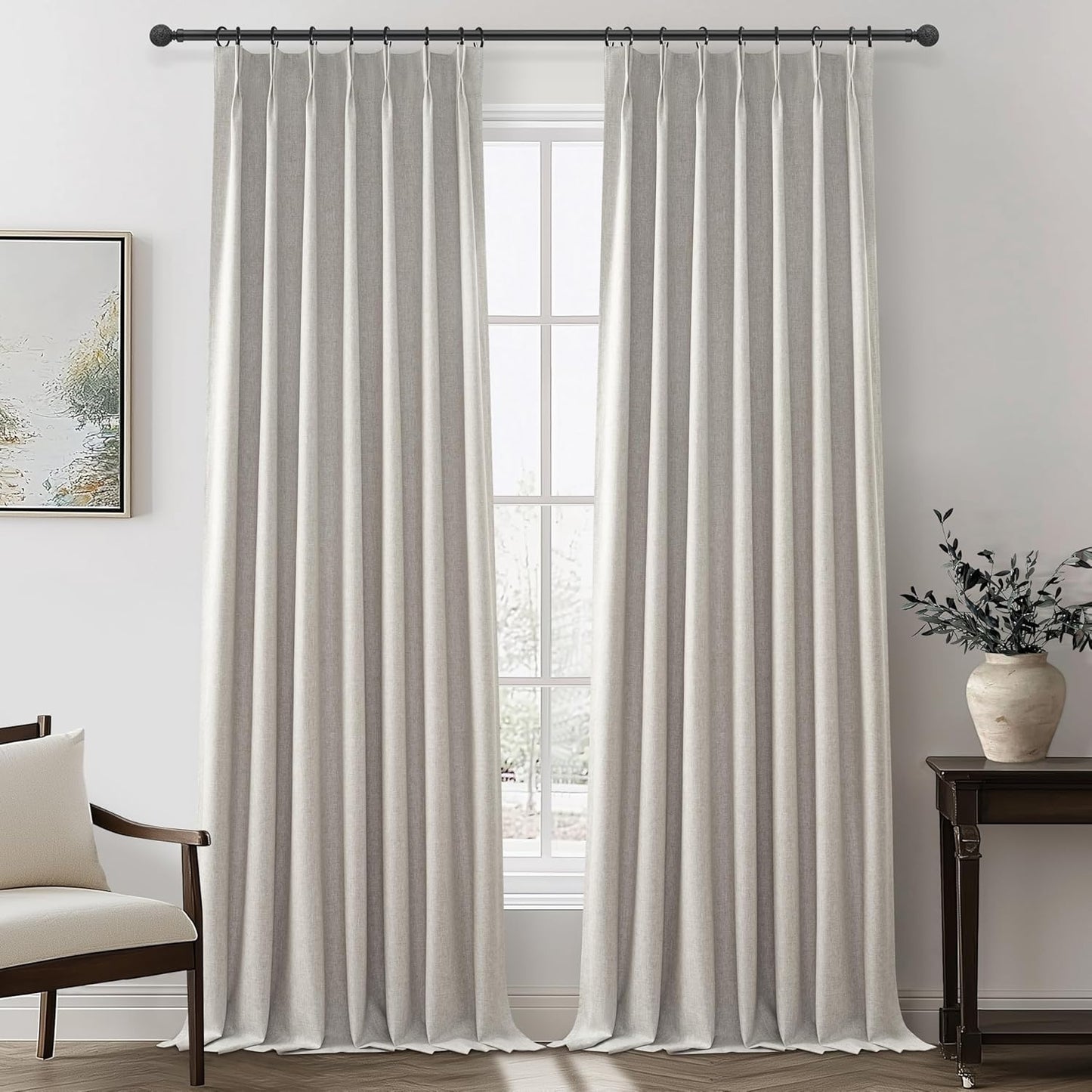 Natural Linen Blackout 92 Inch Bedroom Curtains 2 Panel Sets, Rustic Boho Cream Pleated Ceiling Track Curtain for Dining Room Heat Blocking Privacy Heavy Drape 92 Inches Long Oatmeal Back Tab