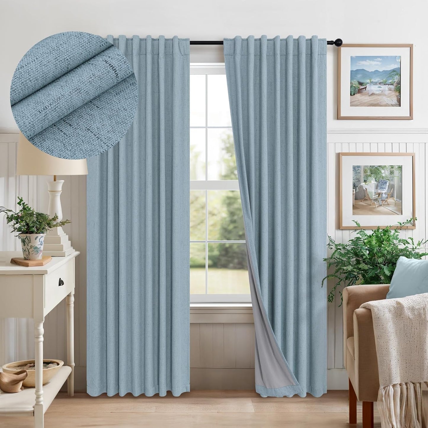 Cream Linen Black Out Curtains 70 Inches Extra Wide for Living Room 2 Panels Back Tab Pocket Pleated Ivory Blackout Bedroom for 72 Inches Window Curtain 84 Inch Long Thermal Room Darkening Heavy Drape