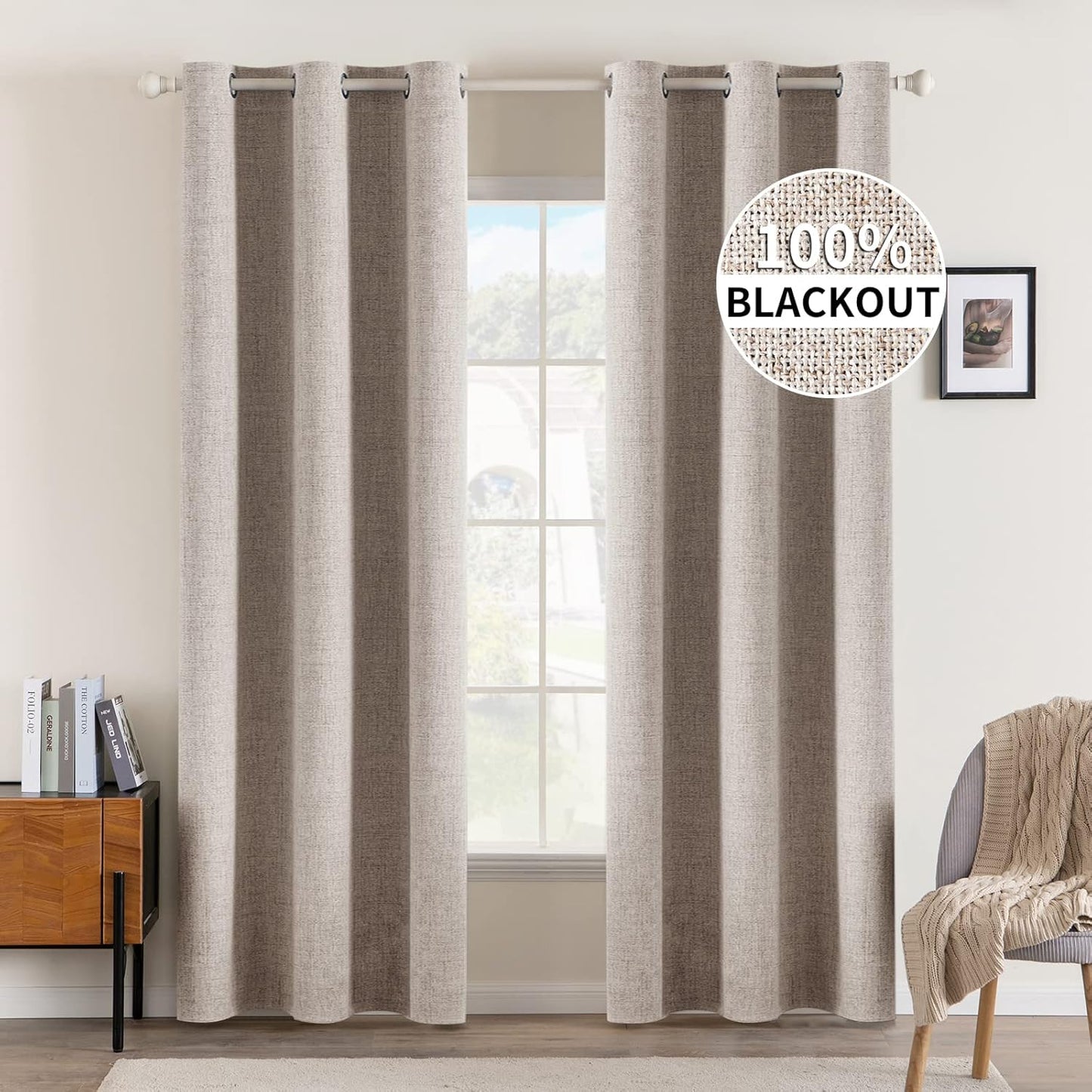 MIULEE 100% Blackout Linen Textured Curtains for Bedroom Solid Thermal Insulated Natural Beige Grommet Room Darkening Curtains & Drapes Luxury Decor for Living Room Nursery 62 x 96 Inch (2 Panels)