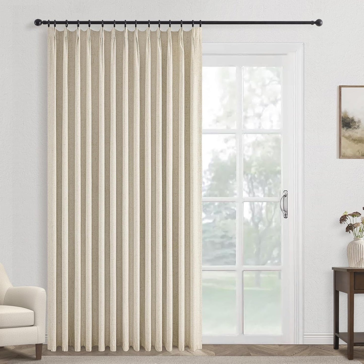 Topfinel Extral Wide Curtains, Pinch Pleated 100% Blackout Linen Luxury Drapery with Hooks for Patio Sliding Door Large Window Living Room Track System, 72" Wx102 L 1 Panel
