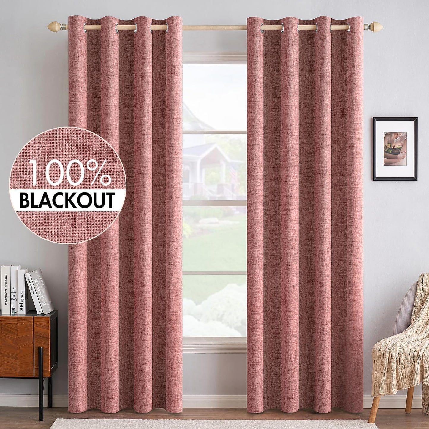 MIULEE 100% Blackout Linen Textured Curtains for Bedroom Solid Thermal Insulated Natural Beige Grommet Room Darkening Curtains & Drapes Luxury Decor for Living Room Nursery 62 x 96 Inch (2 Panels)