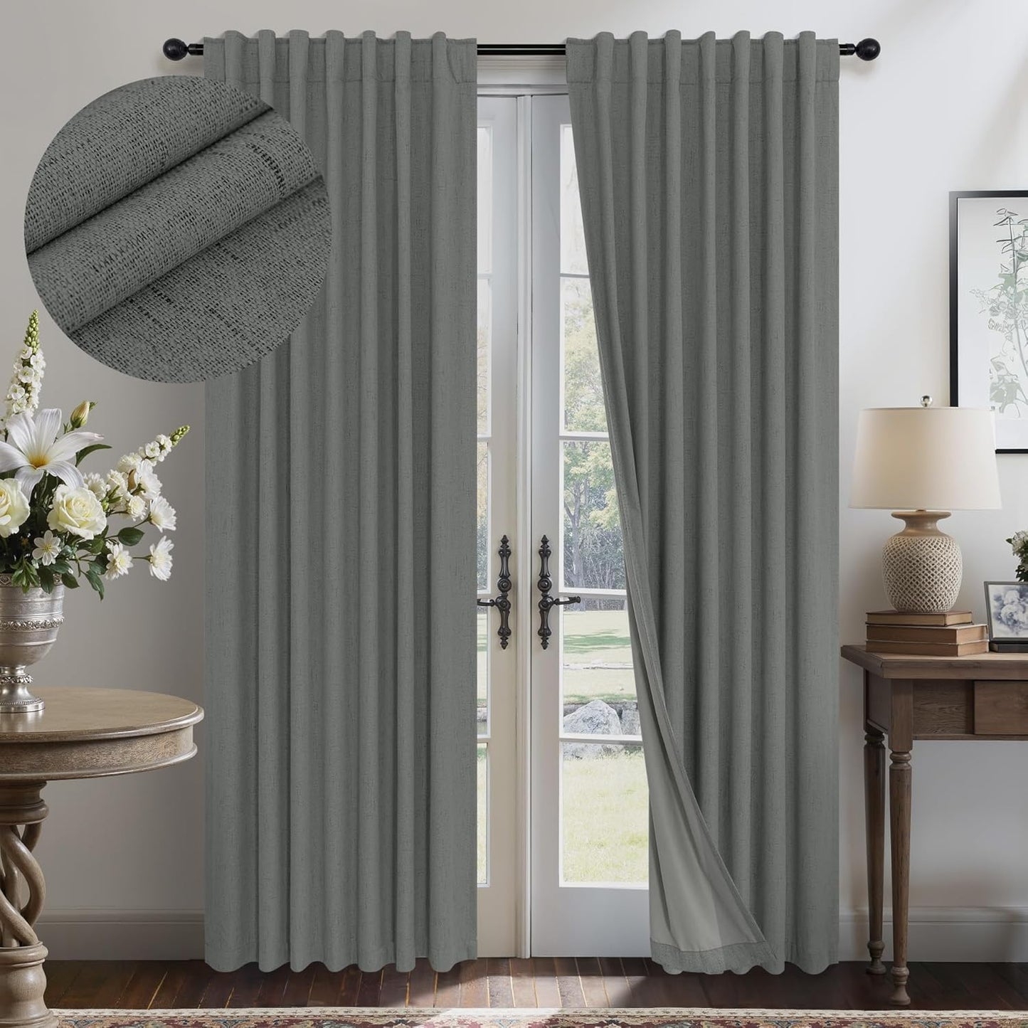 Cream Linen Black Out Curtains 70 Inches Extra Wide for Living Room 2 Panels Back Tab Pocket Pleated Ivory Blackout Bedroom for 72 Inches Window Curtain 84 Inch Long Thermal Room Darkening Heavy Drape