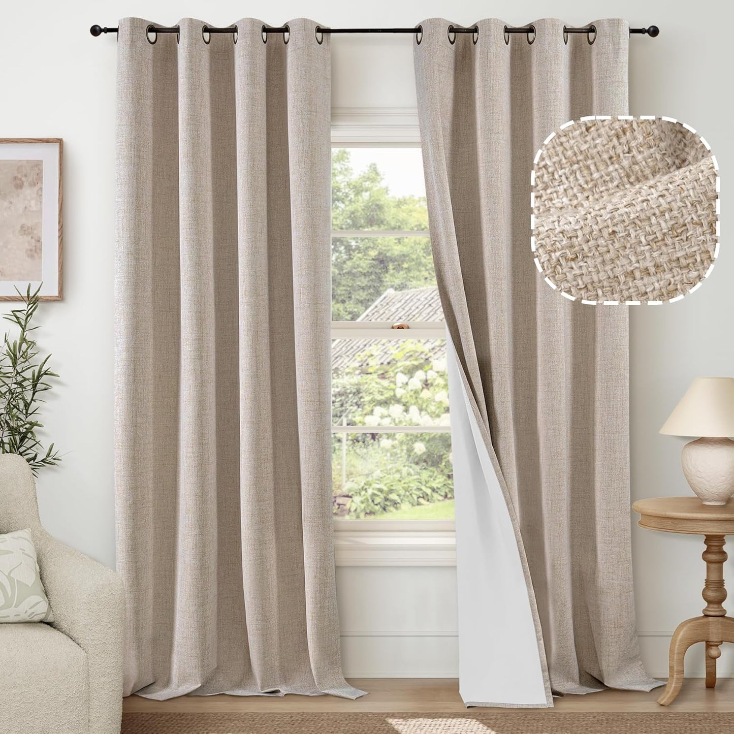 60 Inch Wide Linen Blackout Curtains for Living Room/Bedroom 84 Inch Length 2 Panels, Total Black Out Thermal Insulated Soundproof Grommet Boho Window Drapes White Liner for Modern Farmhouse, Natural