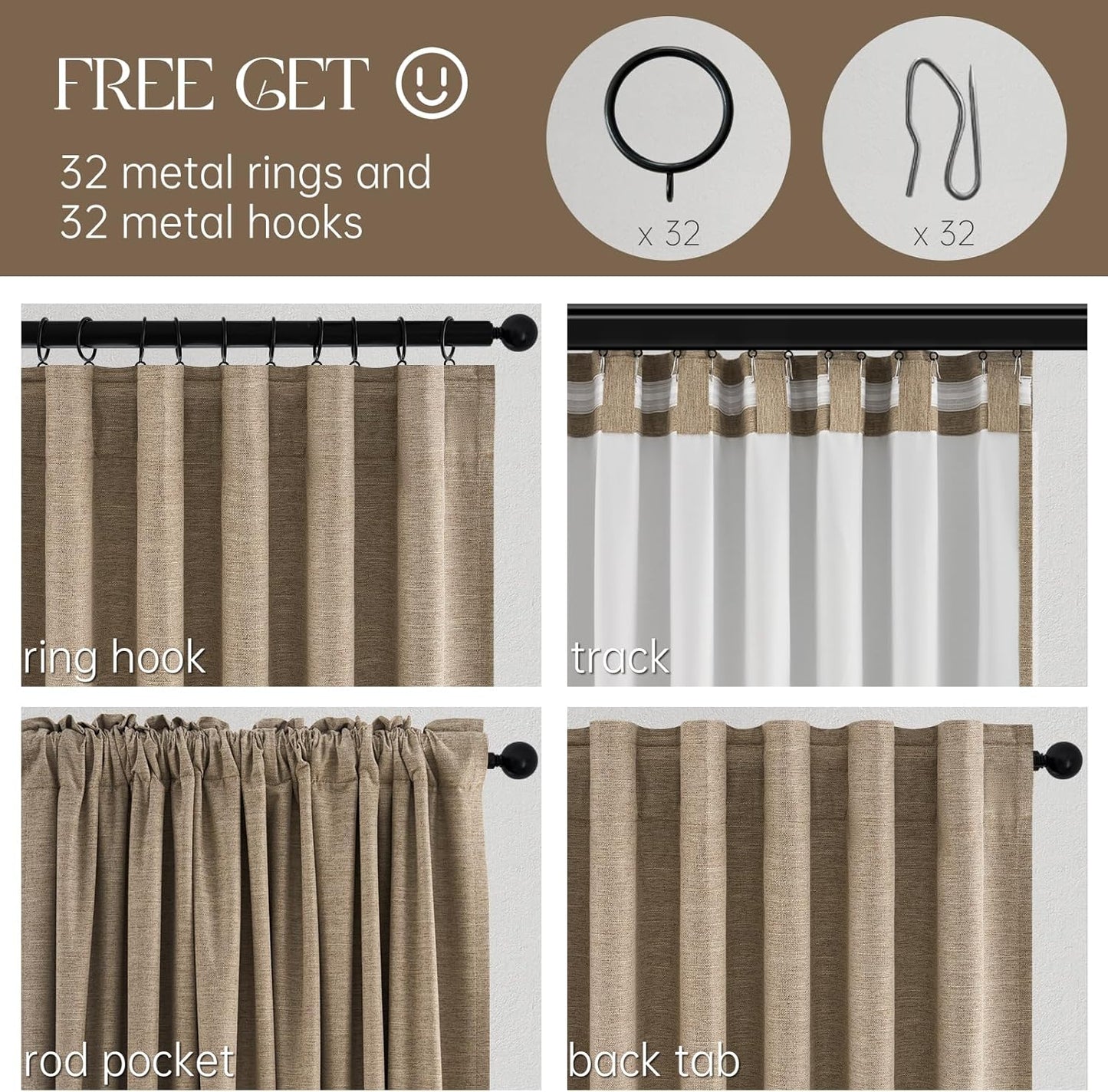Topfinel Linen Blackout Curtains 96 Inch Long, Light Blocking Rustic Neutral Thermal Insulated Brown Natural Linen Cabin Back Tab Viral Drapery Drapes with Hooks Rings 2 Panel Sets, Brown Tan 8 FT