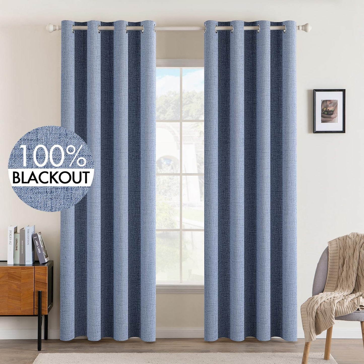 MIULEE 100% Blackout Linen Textured Curtains for Bedroom Solid Thermal Insulated Natural Beige Grommet Room Darkening Curtains & Drapes Luxury Decor for Living Room Nursery 62 x 96 Inch (2 Panels)