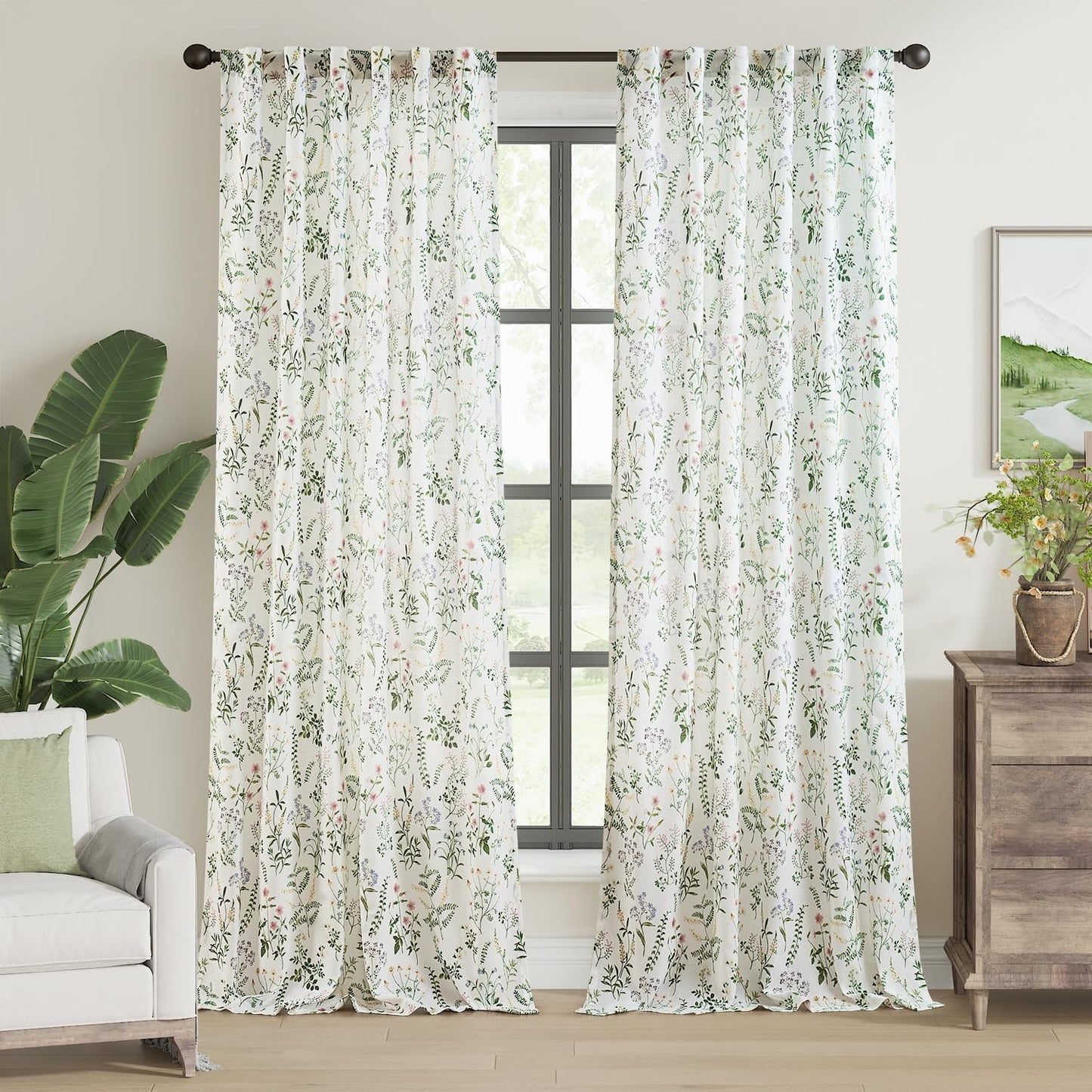jinchan Blackout Linen Blend Curtain Floral Blackout Curtains for Living Room 84 Inch Length Black Printed with Lined Blackout Curtain for Bedroom Farmhouse Curtains Set 2 Panels