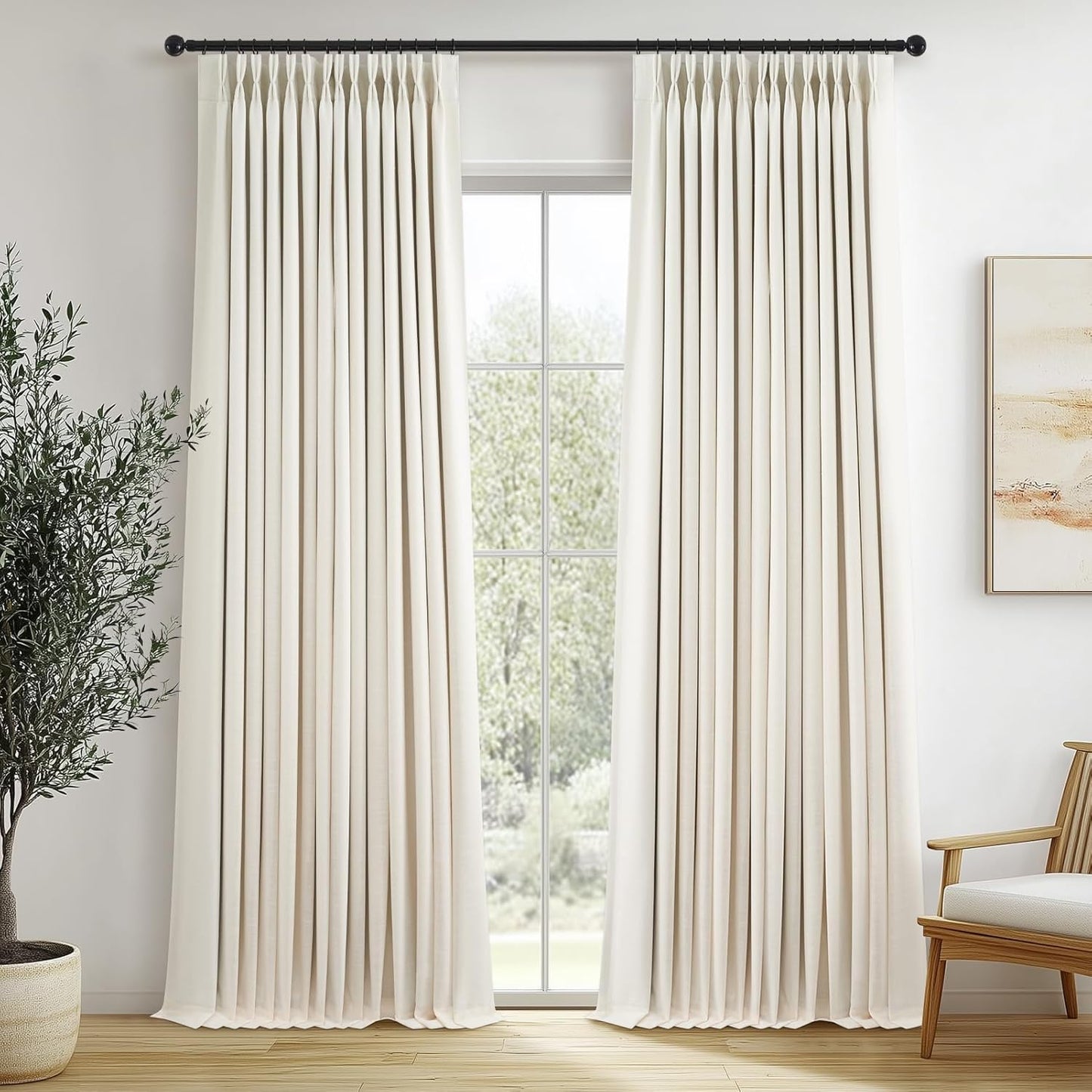 96 Inch Long Pinch Pleated Dark Linen Color Curtains,100% Blackout Thermal Insulated Natural Pinch Pleat Rustic Country Style Drapes with Hooks Rings 2 Panel Sets,Taupe Tan 8FT Window Curtain