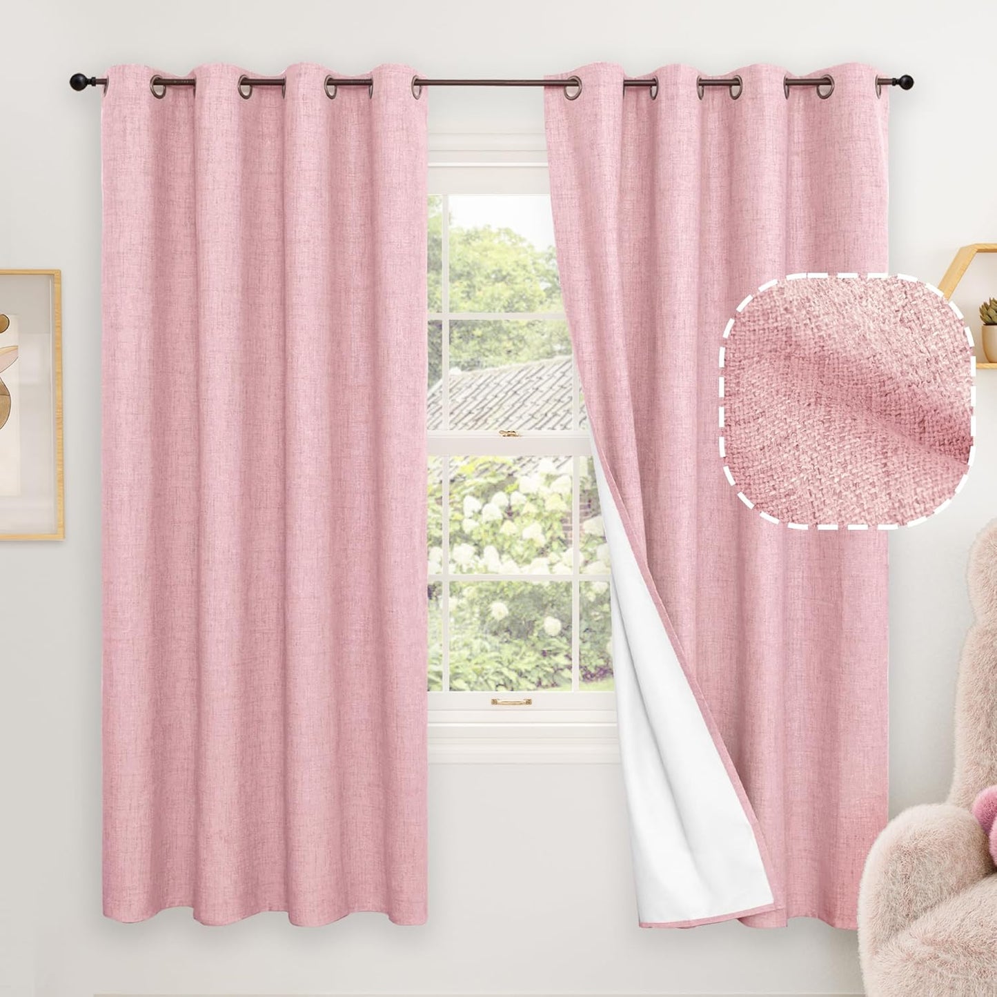 60 Inch Wide Linen Blackout Curtains for Living Room/Bedroom 84 Inch Length 2 Panels, Total Black Out Thermal Insulated Soundproof Grommet Boho Window Drapes White Liner for Modern Farmhouse, Natural