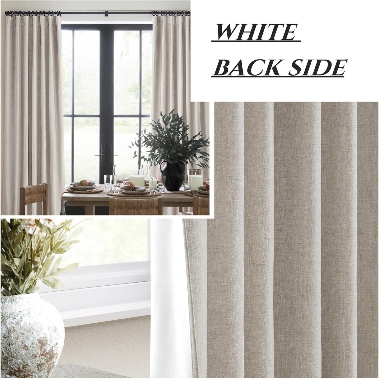 Natural Linen Blackout 92 Inch Bedroom Curtains 2 Panel Sets, Rustic Boho Cream Pleated Ceiling Track Curtain for Dining Room Heat Blocking Privacy Heavy Drape 92 Inches Long Oatmeal Back Tab