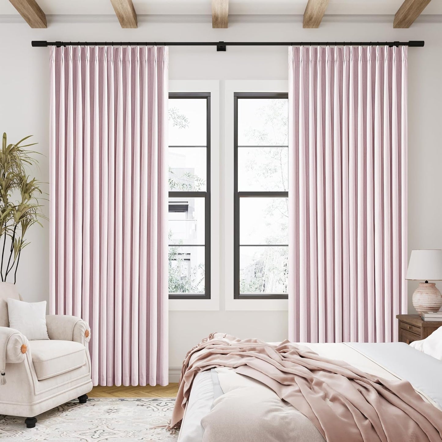 102 Inches Long Pinch Pleated Linen Blackout Curtains for Bedroom Back Tab Track Memory Trained Shape Farmhouse Light Blocking Curtains 102 Inch Length for Living Dining Room Darkening Drapes Cream
