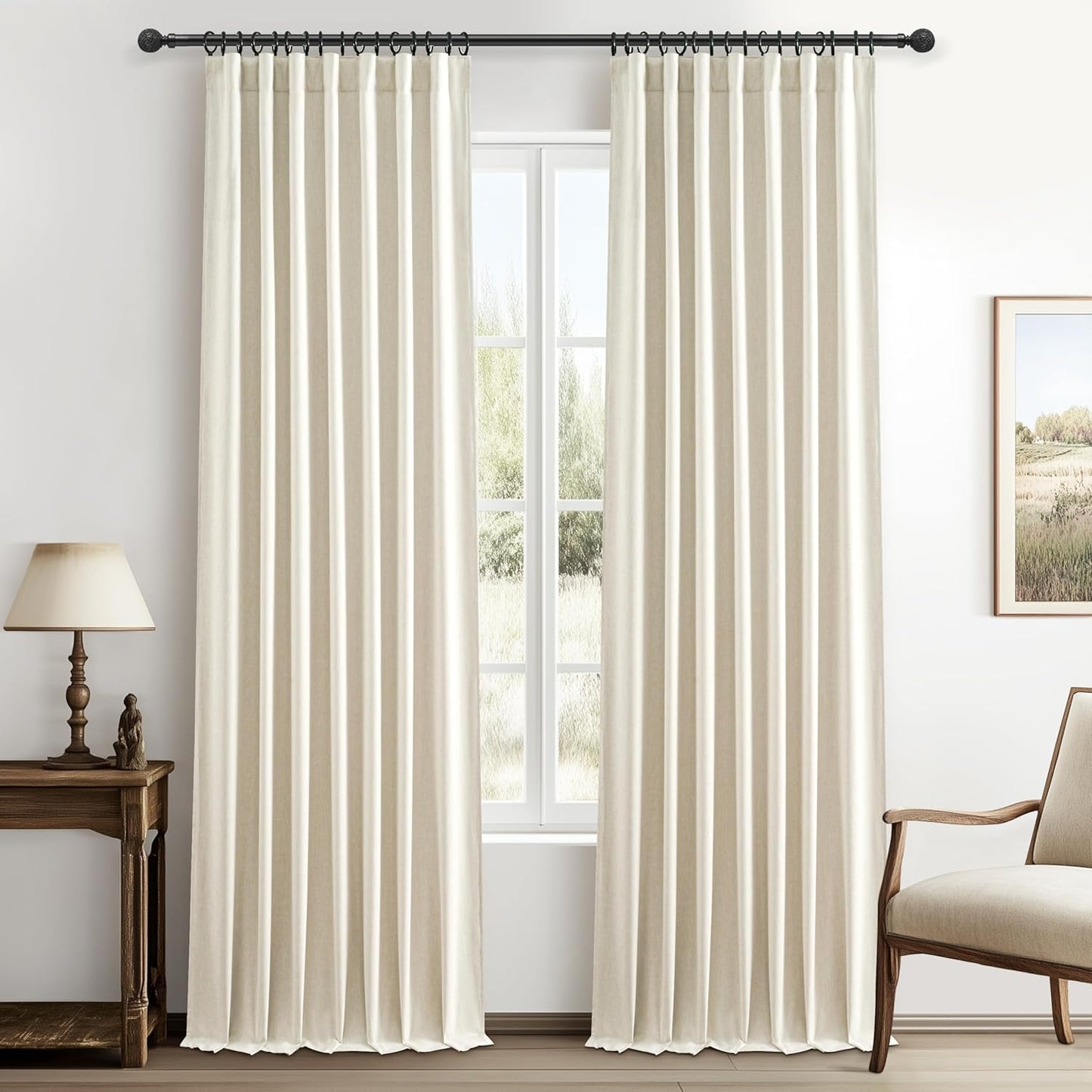Natural Linen Blackout 92 Inch Bedroom Curtains 2 Panel Sets, Rustic Boho Cream Pleated Ceiling Track Curtain for Dining Room Heat Blocking Privacy Heavy Drape 92 Inches Long Oatmeal Back Tab