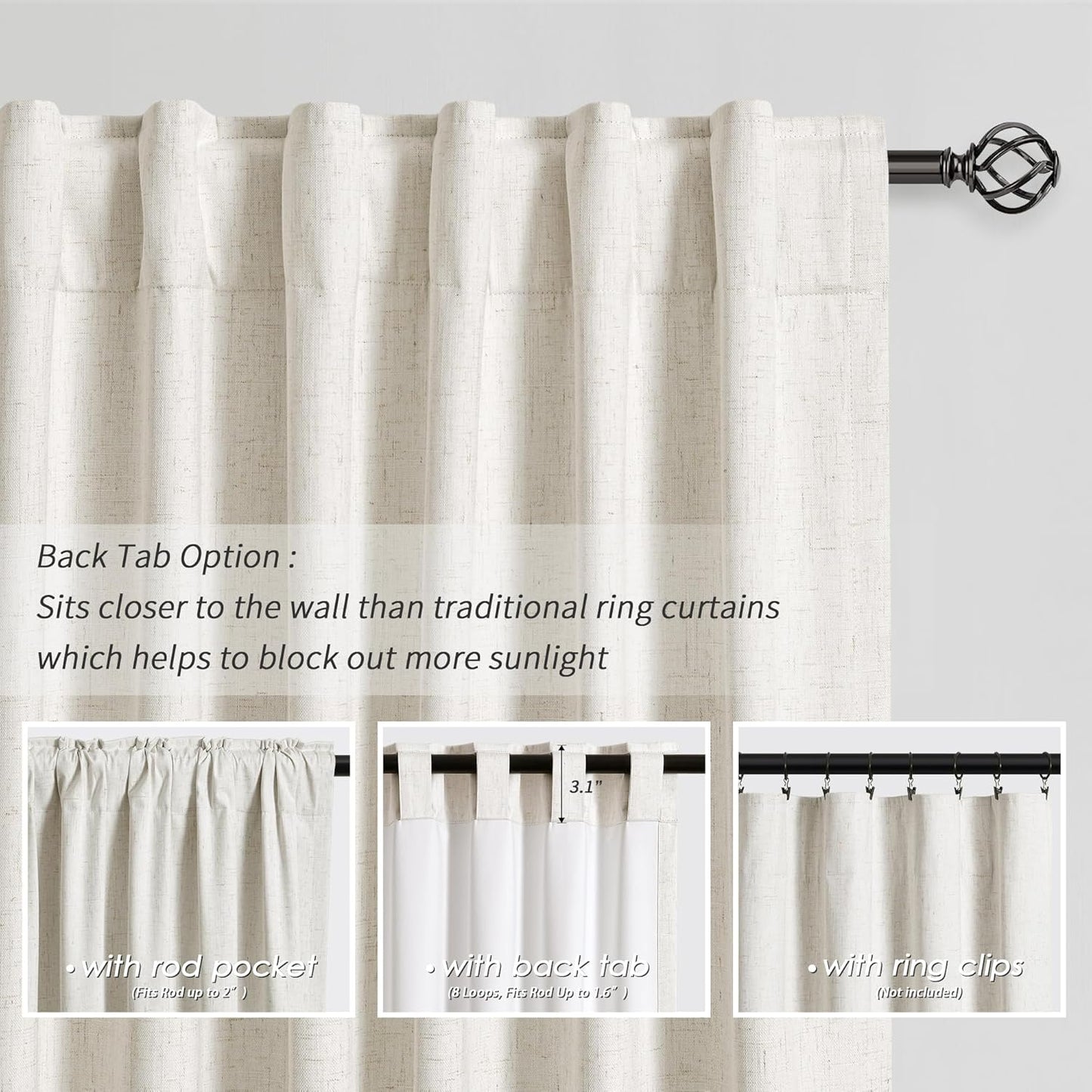 Natural Linen 100% Blackout Curtains for Bedroom 102 Inch Long 2 Panels Window Curtain Floor To Ceiling Length for Living Room Sliding Glass Door Back Tab Cream Linen Room Darkening Drapes 52x102