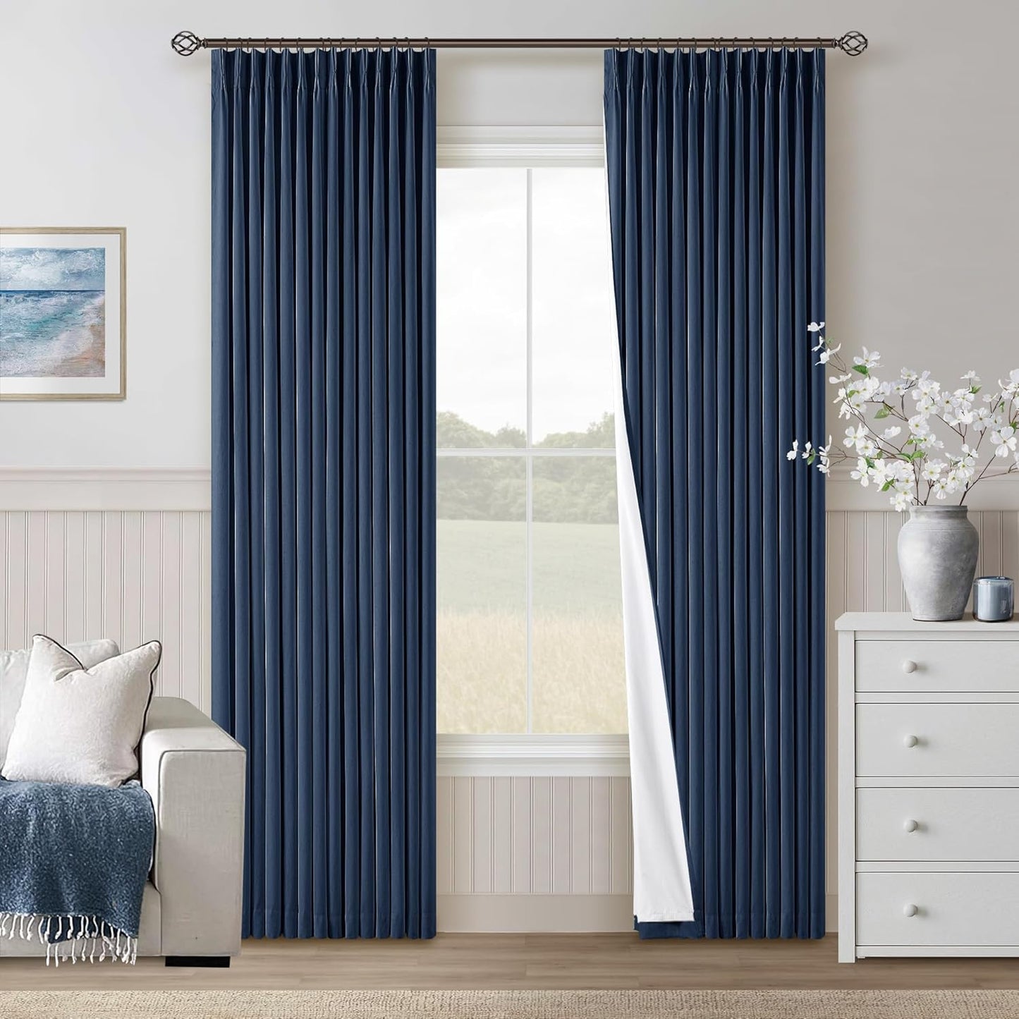 102 Inches Long Pinch Pleated Linen Blackout Curtains for Bedroom Back Tab Track Memory Trained Shape Farmhouse Light Blocking Curtains 102 Inch Length for Living Dining Room Darkening Drapes Cream