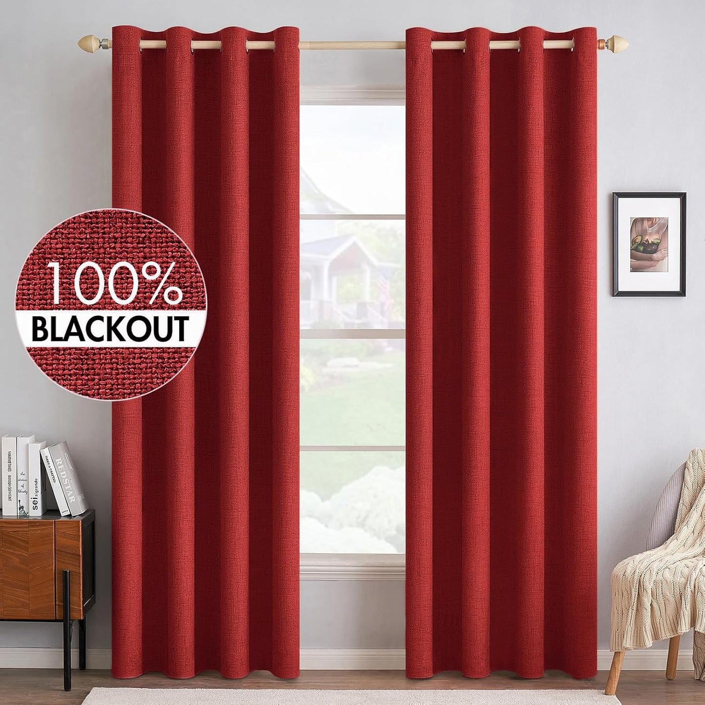 MIULEE 100% Blackout Linen Textured Curtains for Bedroom Solid Thermal Insulated Natural Beige Grommet Room Darkening Curtains & Drapes Luxury Decor for Living Room Nursery 62 x 96 Inch (2 Panels)