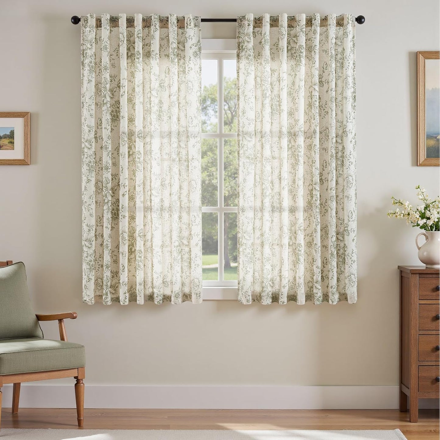 jinchan Blackout Linen Blend Curtain Floral Blackout Curtains for Living Room 84 Inch Length Black Printed with Lined Blackout Curtain for Bedroom Farmhouse Curtains Set 2 Panels