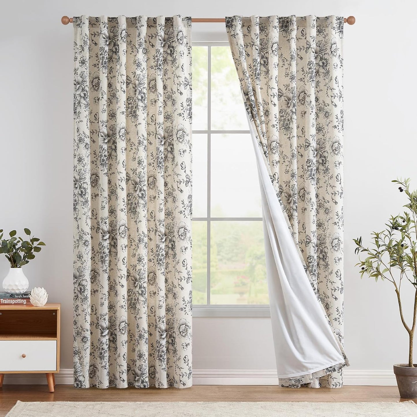 jinchan Blackout Linen Blend Curtain Floral Blackout Curtains for Living Room 84 Inch Length Black Printed with Lined Blackout Curtain for Bedroom Farmhouse Curtains Set 2 Panels