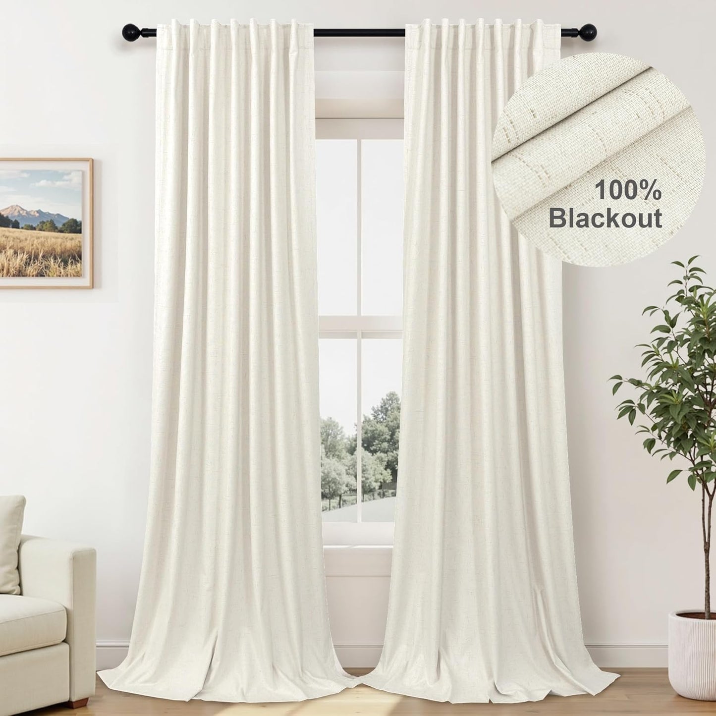 Cream Linen Black Out Curtains 70 Inches Extra Wide for Living Room 2 Panels Back Tab Pocket Pleated Ivory Blackout Bedroom for 72 Inches Window Curtain 84 Inch Long Thermal Room Darkening Heavy Drape