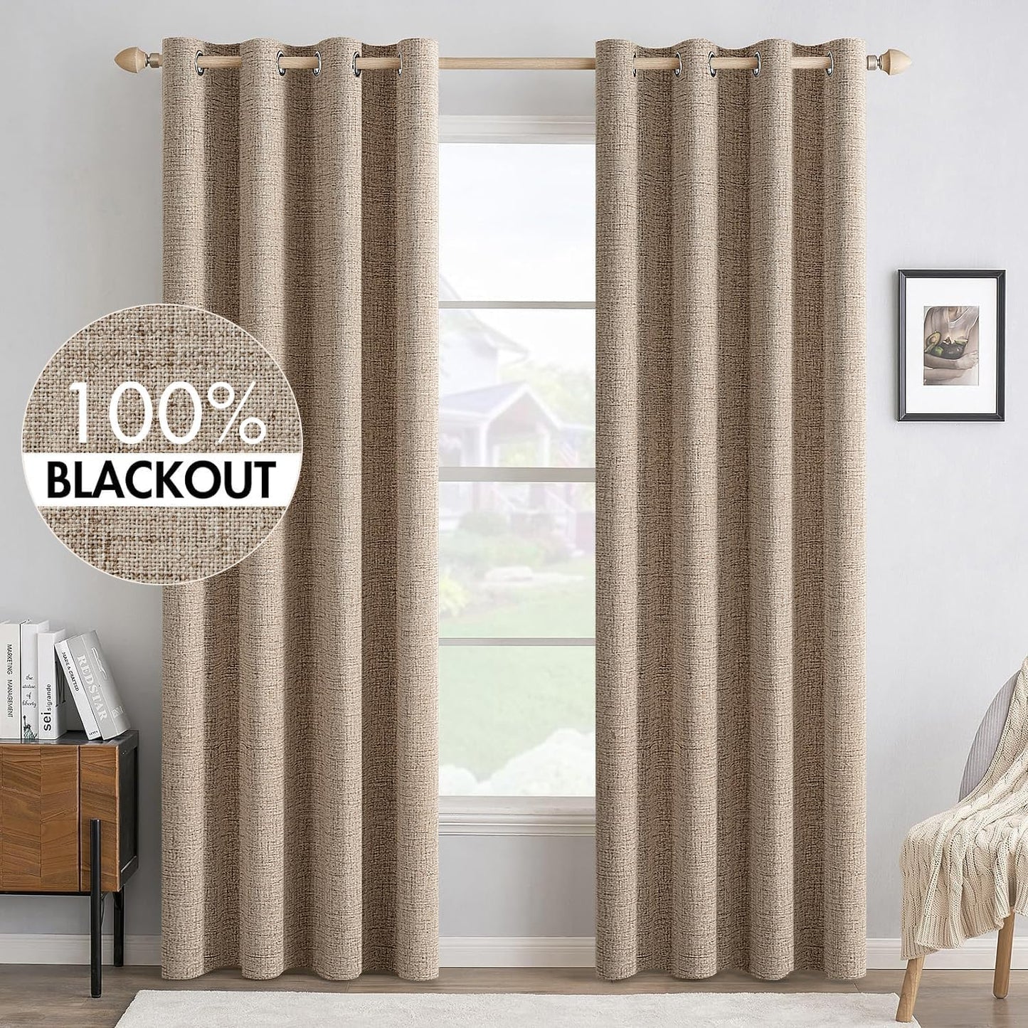 MIULEE 100% Blackout Linen Textured Curtains for Bedroom Solid Thermal Insulated Natural Beige Grommet Room Darkening Curtains & Drapes Luxury Decor for Living Room Nursery 62 x 96 Inch (2 Panels)